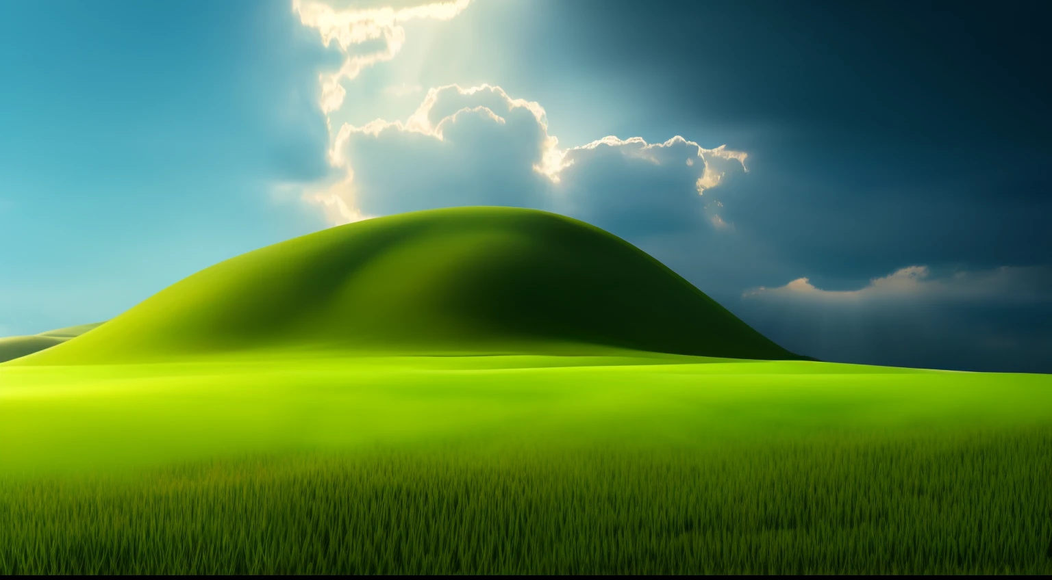 mountain with grass in low part, on top on mountain have cloud, Surrealism, modern, Realism, Verism, ray tracing, reflection light, cinematic lighting, god rays, backlighting, panorama, from outside, retina, high details, best quality, highres, award winning, super detail, ccurate