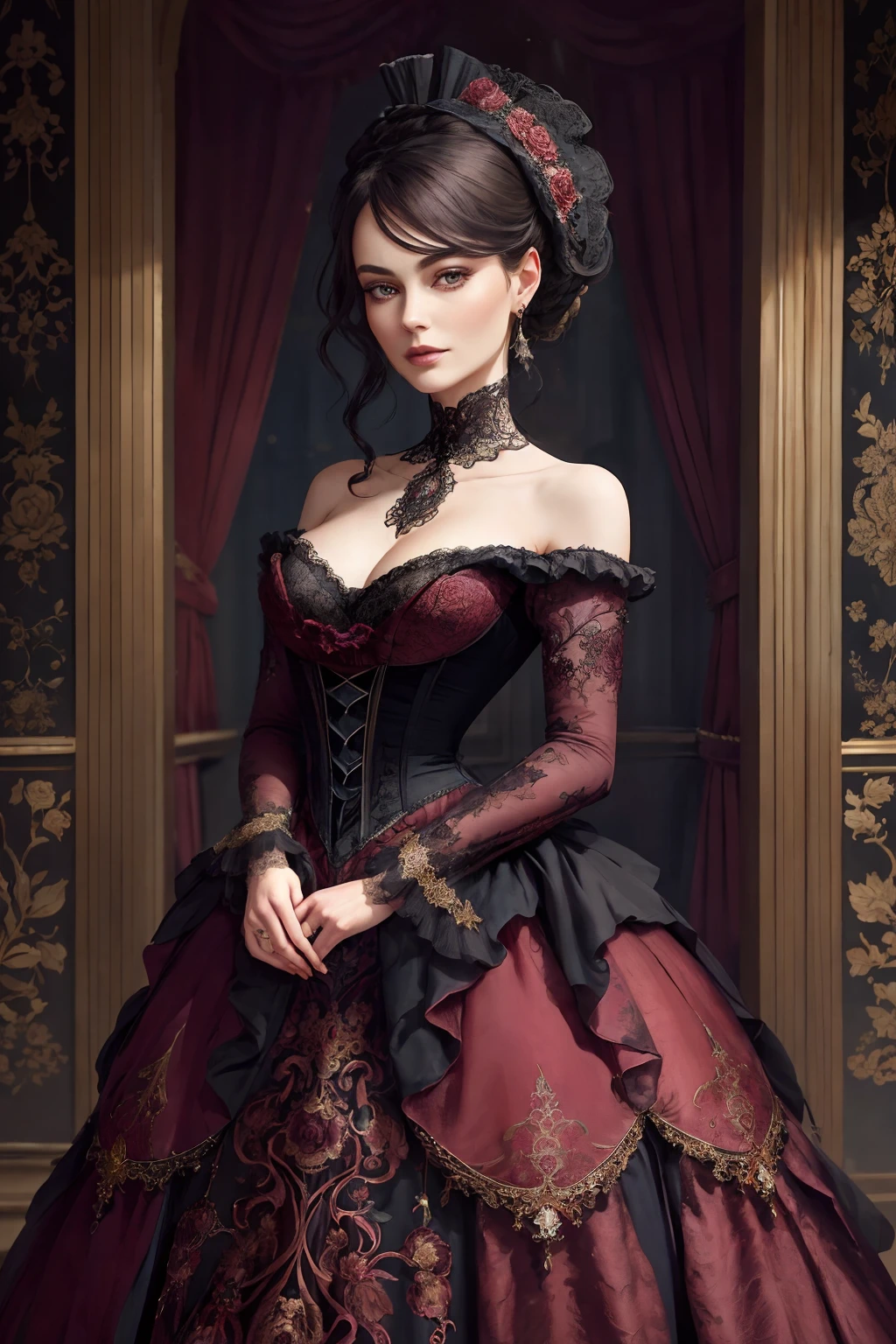 Generate a striking Victorian woman standing in front of beautiful, intricate glimmering damask silk wallpaper. Her face is stunning, with elegant cheekbones, an aristocratic nose, and puffy lips. Her eyes are extremely interesting with bold colors and realistic shading, including small details. Her gown is French silk, satin, and lace, adorned with ribbons, delicate embroidery, multiple layers, and rich colors. Include magical and extremely detailed roses in different shades of shimmering color. Include interesting, flowing, and realistic hair. Draw heavy inspiration from Victorian-era fashion. Include many small details such as stars, glitter, shimmer, jewelry, and beautiful filigree. This is a heavily stylized image with high visual interest and subtle abstract detailing. Ornate, small details, elegance, beautiful, stunning, best image ever