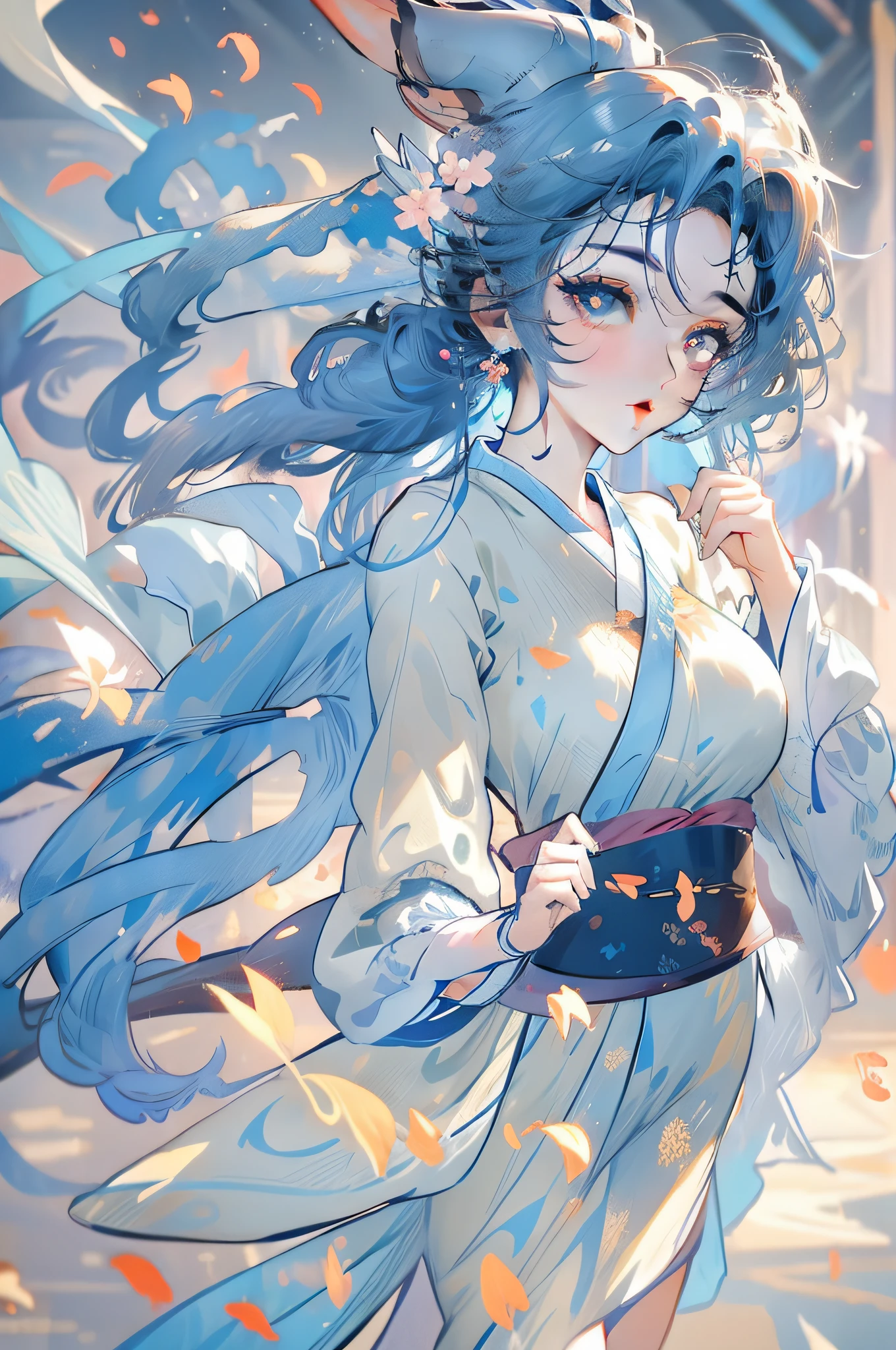 Mature girl ，blue hairs，Floating hair，Delicate and agile eyes，Starry pupils，Solid color Hanfu，fov，tmasterpiece，Petals flying，Frontal portrait shot，Moon，grieves，huge tit