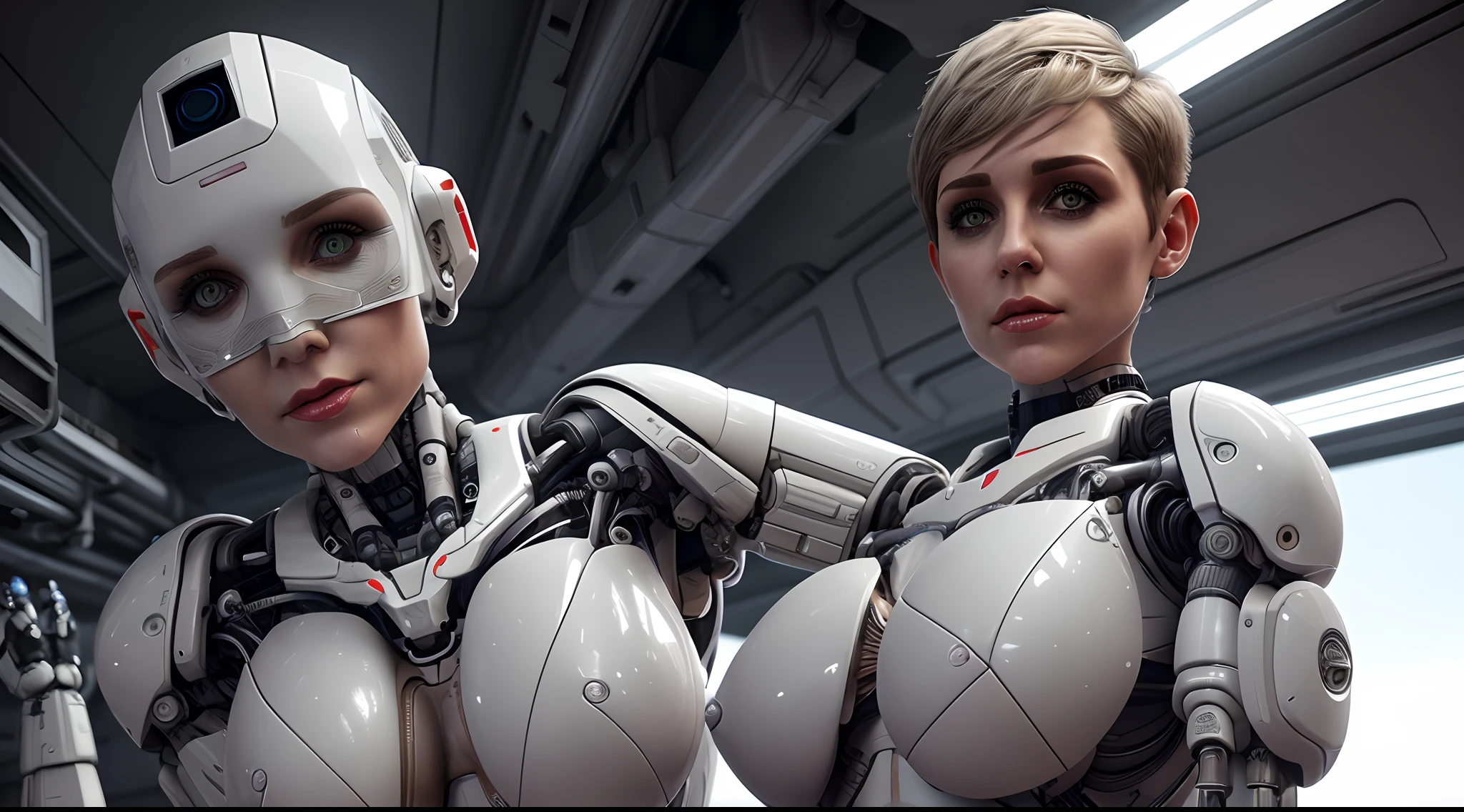 High detail RAW color art, animation, naked, huge breast, white skin, cute woman in the cockpit of mars base, ((((robo limb prostheses)))), magical atmosphere, ((((very short hair)))), (muscle:1.4), (detailed skin, skin texture), (intricately detailed, fine details, hyperdetailed), raytracing, subsurface scattering, diffused soft lighting, shallow depth of field, by (Oliver Wetter)