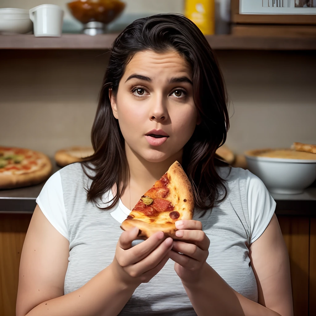 mulher segurando uma fatia de pizza na frente de seu rosto, comer uma pizza, segurando uma pizza, comer pizza, segurando pizza, mastigando pizza, comer uma pizza margherita, apresentando pizza, buttercup comendo pizza, prestes a consumi-lo, segurando uma pizza grande!!!, pizza, compartilhando uma pizza, pizza advert, comer queijo, apresentando uma pizza grande