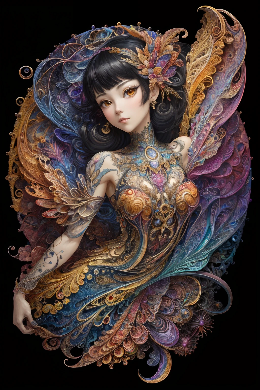 (masterpiece, top quality, best quality, official art, beautiful and aesthetic:1.2), (1girl:1.3), extremely detailed,(fractal art:1.2),colorful,highest detailed,(zentangle:1.2), (dynamic pose), (abstract background:1.5), (treditional dress:1.2), (shiny skin), (many colors:1.4), upper body, masterpiece, best quality,high quality,highres, 16K,RAW,ultra highres,ultra details,finely detail,an extremely delicate and beautiful,extremely detailed,real shadow, anime,highly detailed painted,award winning glamour paintting,wonderful paintting,art style,stylized,