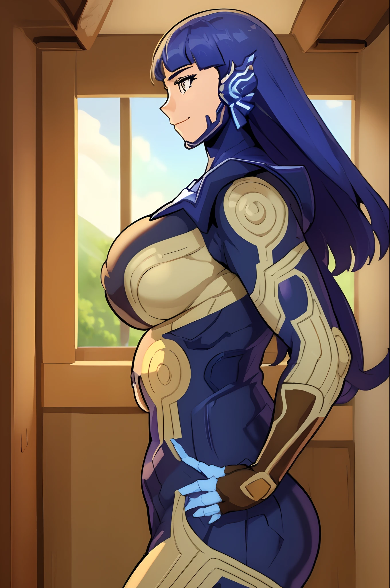 (masterpiece, best quality:1.2), cowboy shot, solo, male focus, 1girl, female, nahobino, expressionless, closed mouth, looking at viewer, arms at side, armor, bodysuit, smile, huge breast