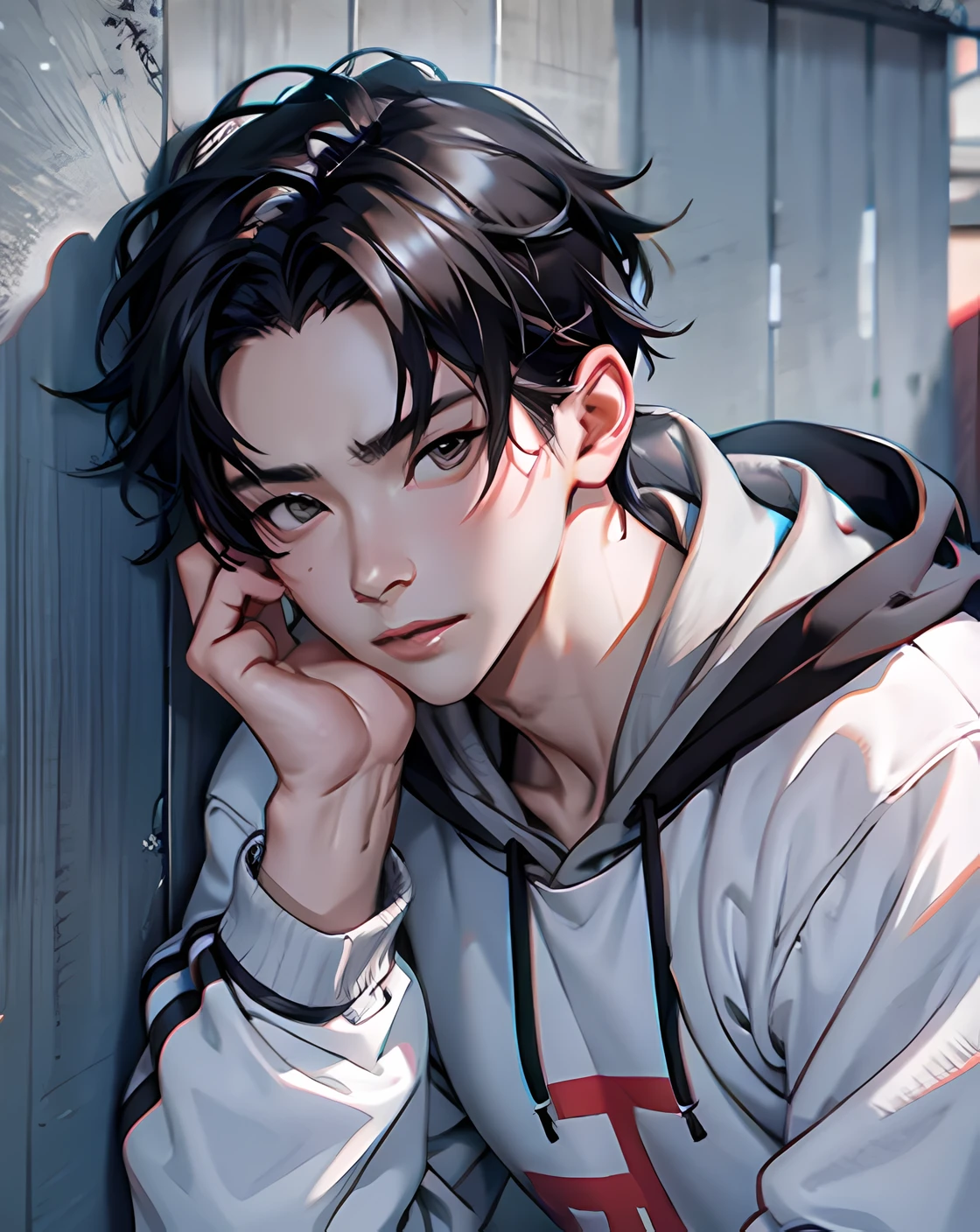 a close up of a person with a hoodie on leaning against a wall, by Ni Tian, male ulzzang, ruan jia beautiful!, inspired by Zhang Han, cai xukun, jung jaehyun, handsome face and beautiful face, wan adorable korean face, by Yang J, handsome japanese demon boy, handsome face, yanjun chengt, by Ni Zan