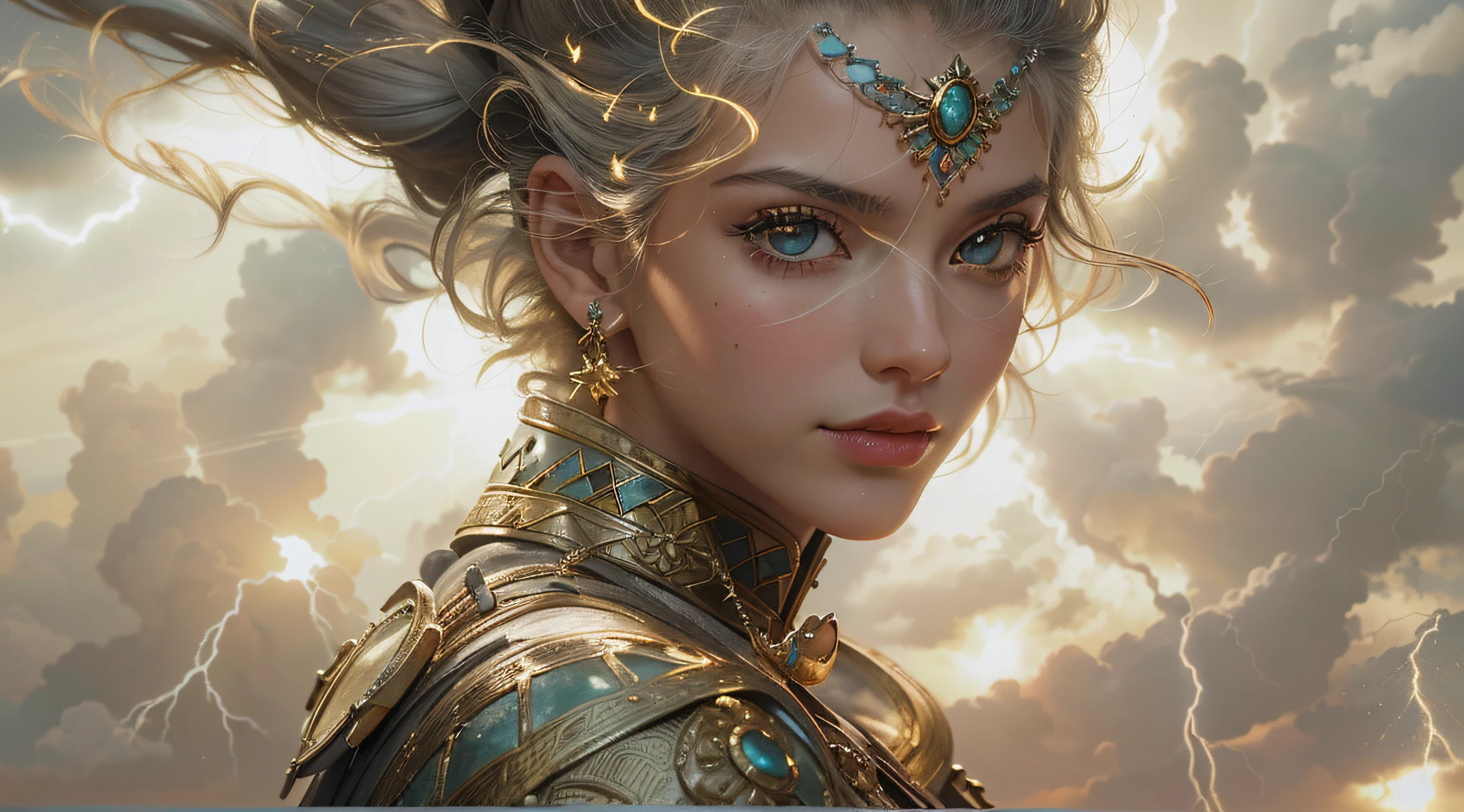 (Numerous award-winning masterpieces, With incredible detail, textures and maximum detail), (hyper realistic:1.4), (Realistic:1.3), (melhor qualidade de pele textura real), (finely detailed true circle Symmetrical eyes), Rosto finamente detalhado, ((Mundo medieval)), ((The Lord's Thunder Devil)), ((The Lord's Lightning Demon)), (Queime o olhar dourado brilhante no olho), (Ela tem um sorriso travesso no rosto), (Olhos que brilham ouro no escuro:1.5), (Um par de olhos dourados com forte luz dourada emitindo de dentro:1.5), Bio-luminescence, (Full body standing image:1.5), (gives full body standing image:1.4), (Lightning and strong wind swirling in the background), (dramatic light), (A majestic sight), (His countenance is gentle and handsome, mas de alguma forma aterrorizante), Brincos de vidro nas orelhas, (dramatic photo:1.4), (Pose sedutora), ((dramatic pose)), (foto extravagante), (cabelos dourados), (Cabelos prateados), (cabelo castanho), cabelo de corte curto, ((procura para cima)), ((olhando para baixo)), (Around her neck is a simple necklace of exquisite finish), (Bioluminescence with bright brightness:1.1), (Use flashy lightning magic:1.4), (thunder and lightning), O Grande Templo do Diabo, The Great Devil's Sanctuary, Grande Templo, grande catedral, temple ruins, Templo em destaque, (Luminous magic circle), Ruins of an ancient castle, Masses of bright majestic clouds and sky, raio, epic realistic, desbotado, arte, (Greg Rutkowski:0.8), (teal and orange:0.4), (Artee station:1.5), cinemactic, ((cores neutras)), (HDR:1.5), (cores silenciadas:1.2), hiper detalhado, dramatic light, (detalhes intrincados:1.1), Antecedentes complexos,