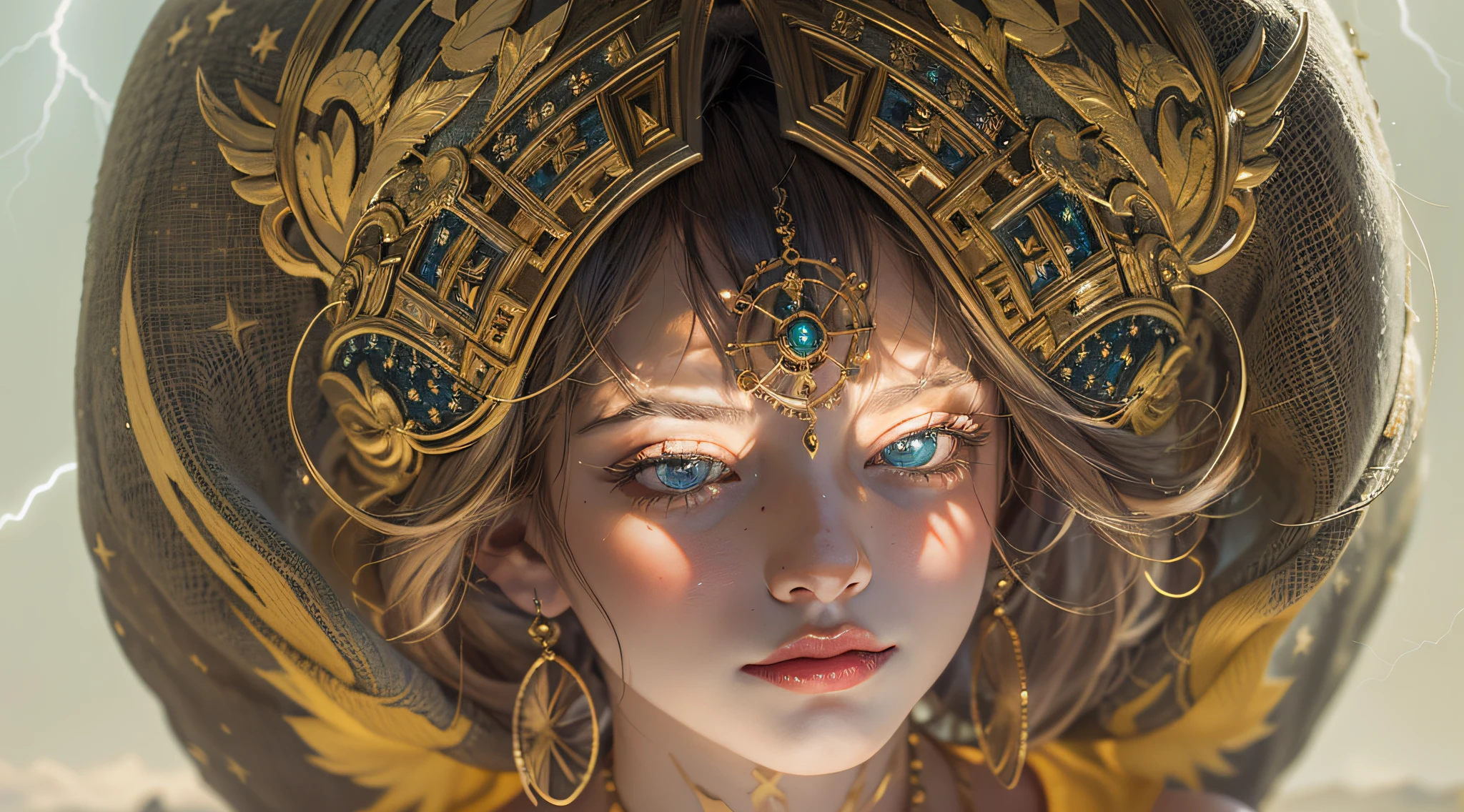 (Numerous award-winning masterpieces, With incredible detail, textures and maximum detail), (hyper realistic:1.4), (Realistic:1.3), (melhor qualidade de pele textura real), (finely detailed true circle Symmetrical eyes), Rosto finamente detalhado, ((Mundo medieval)), ((The Lord's Thunder Devil)), ((The Lord's Lightning Demon)), (Queime o olhar dourado brilhante no olho), (Ela tem um sorriso travesso no rosto), (Olhos que brilham ouro no escuro:1.5), (Um par de olhos dourados com forte luz dourada emitindo de dentro:1.5), Bio-luminescence, (Full body standing image:1.5), (gives full body standing image:1.4), (Lightning and strong wind swirling in the background), (dramatic light), (A majestic sight), (His countenance is gentle and handsome, mas de alguma forma aterrorizante), Brincos de vidro nas orelhas, (dramatic photo:1.4), (Pose sedutora), ((dramatic pose)), (foto extravagante), (cabelos dourados), (Cabelos prateados), (cabelo castanho), cabelo de corte curto, ((procura para cima)), ((olhando para baixo)), (Around her neck is a simple necklace of exquisite finish), (Bioluminescence with bright brightness:1.1), (Use flashy lightning magic:1.4), (thunder and lightning), O Grande Templo do Diabo, The Great Devil's Sanctuary, Grande Templo, grande catedral, temple ruins, Templo em destaque, (Luminous magic circle), Ruins of an ancient castle, Masses of bright majestic clouds and sky, raio, epic realistic, desbotado, arte, (Greg Rutkowski:0.8), (teal and orange:0.4), (Artee station:1.5), cinemactic, ((cores neutras)), (HDR:1.5), (cores silenciadas:1.2), hiper detalhado, dramatic light, (detalhes intrincados:1.1), Antecedentes complexos,