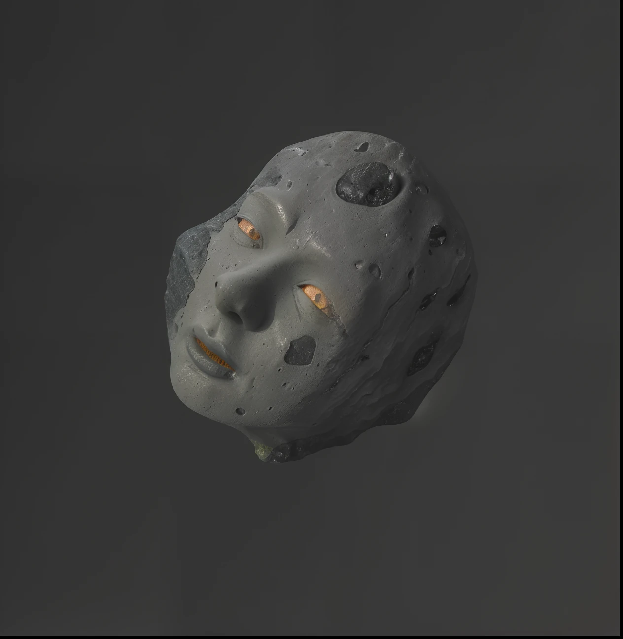 a close up of a rock with a black background, worked stone, substance render, cinematic smooth stone, pbr material, realistic rock figurine, dirty old grey stone, textured in substance, meteorite, black rock statue material, substance material, gray stone, hyperdetailed object, realistic materials, strong subsurface scattering, dark stone, highly detailed texture render