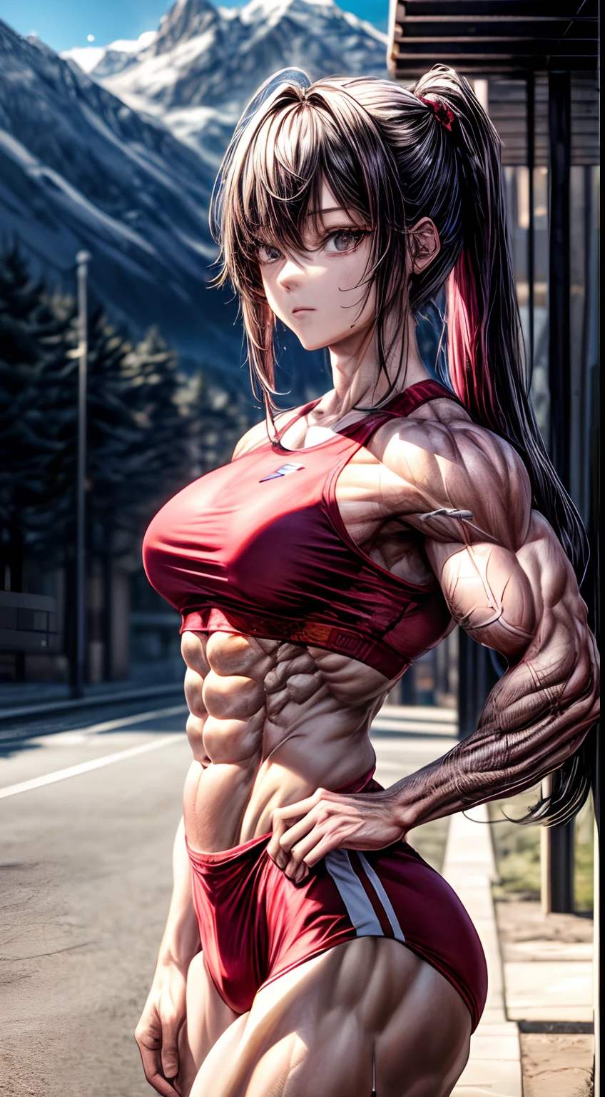 (BEST lighting) , (ultra intricately detailed) , 4K unification, (super-detailed CG: 1.2) , (8K: 1.2),(Original), (Masterpiece) , (Best quality),(Masterpiece:1.4),Anime-ish high quality,(Masterpiece),Masterpiece, Best quality, absurderes,((masterpeace, 4K, 8K, Yes, A high resolution))1girll, She was hiking a mountain,Head to a mountain resort, hiking clothes, Spring, Boots, Perfect figure, purple pink long hair, Sweat, Dynamic pose, ((body builder:1.5)),Temple background,(Beautiful bace),(Girl),(Female),(((Upper body:1)))