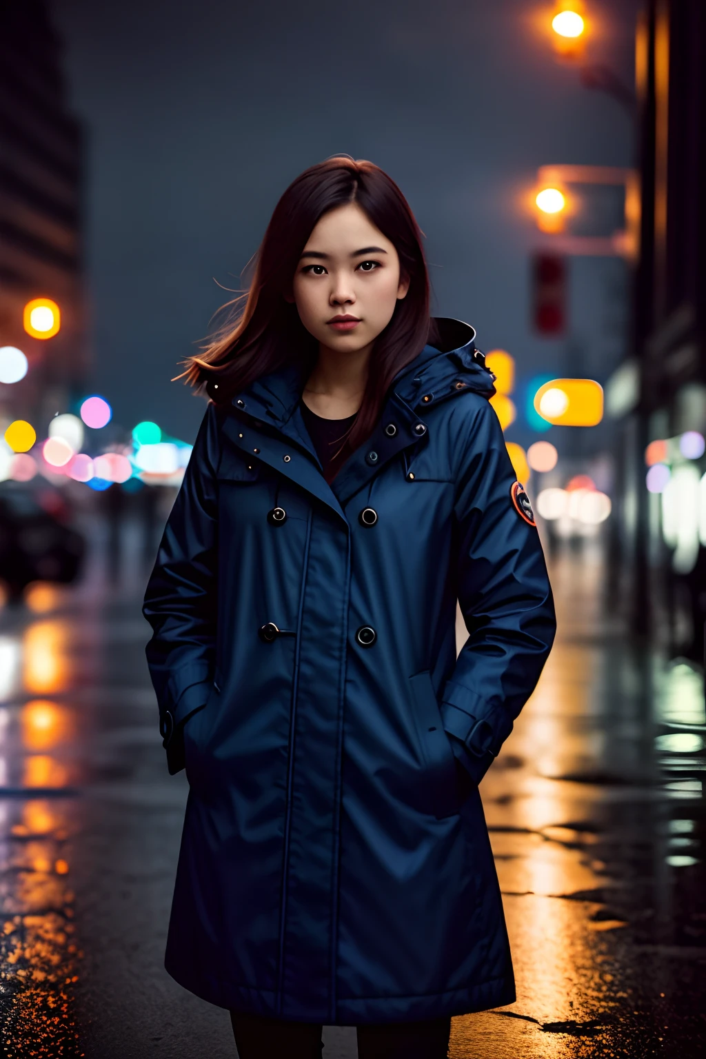 1girl,night city,rain,coat,hands in pockets