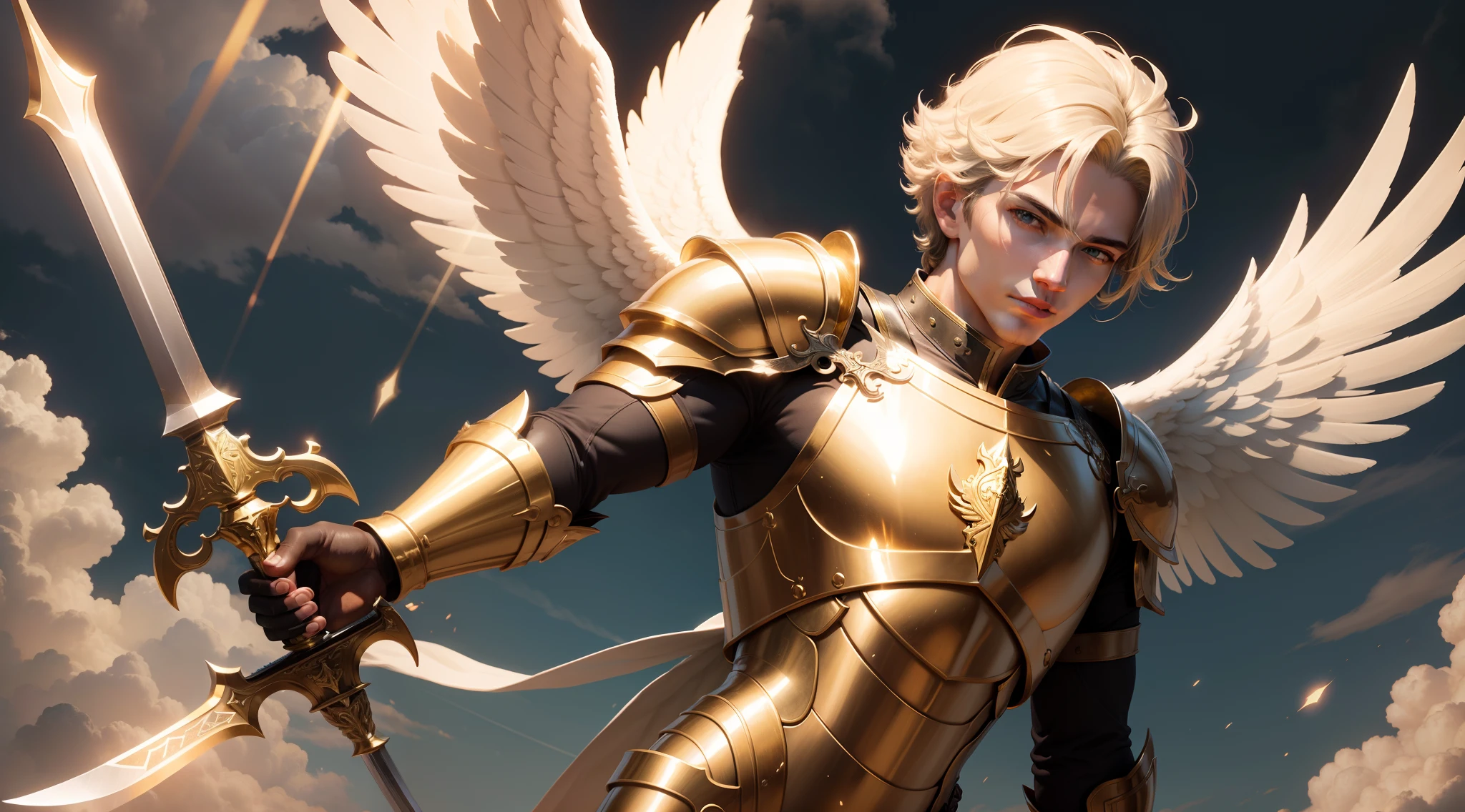 Strong male angel with a gleaming armor with golden lights coming out of a cloud with a sword in hand