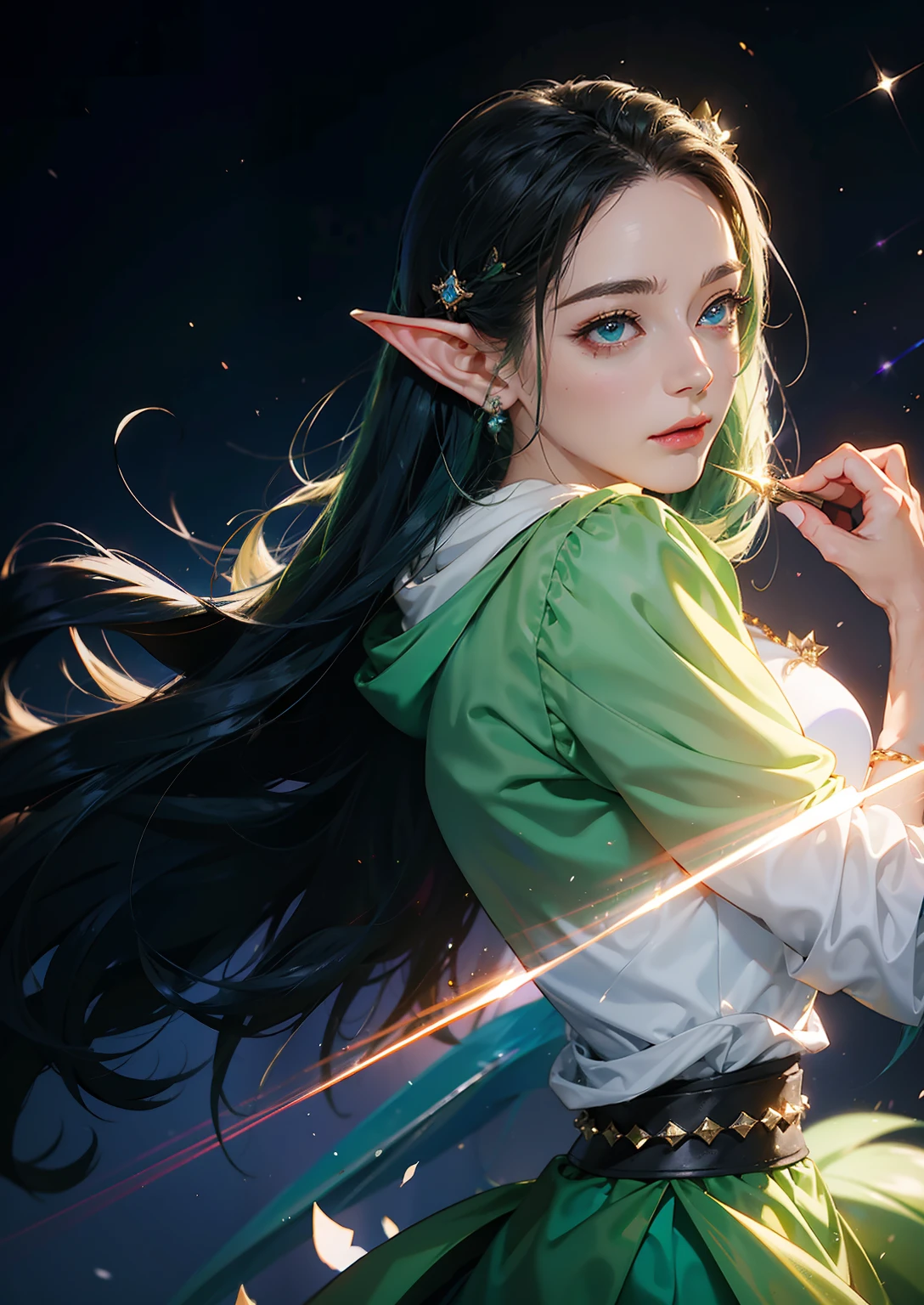 1girl in, elf-ears, Elven Princess, Green hair, Gradient Hair, Long hair, hair messy, Dreadlocks, hair clips, Hair Ornament, Jewelry, forehead gem, Hood down, star-shaped pupils, Gradient Eyes, aqua eyes, pointy ear, crystal earrings, Serious, Bright pupils, flustered, Anime, Anime style, Anime, Anime, spark of light, Glowing light, reflective light, vignetted, Reference Sheet, From Side, Lens Flare, ((masutepiece)), masutepiece, Anatomically correct, Super Detail, High quality, high details, Best Quality, 4K, 8K, 16 K, hard disk, nffsw