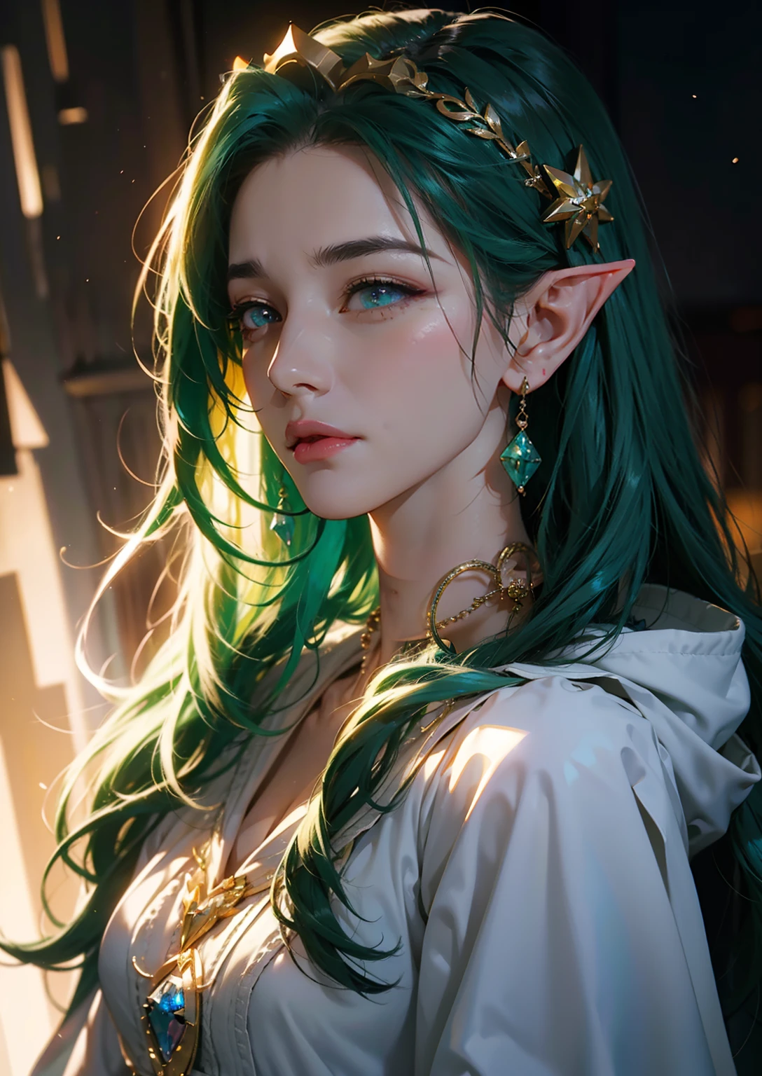 1girl in, elf-ears, Elven Princess, Green hair, Gradient Hair, Long hair, hair messy, Dreadlocks, hair clips, Hair Ornament, Jewelry, forehead gem, Hood down, star-shaped pupils, Gradient Eyes, aqua eyes, pointy ear, crystal earrings, Serious, Bright pupils, flustered, Anime, Anime style, Anime, Anime, spark of light, Glowing light, reflective light, vignetted, Reference Sheet, From Side, Lens Flare, ((masutepiece)), masutepiece, Anatomically correct, Super Detail, High quality, high details, Best Quality, 4K, 8K, 16 K, hard disk, nffsw