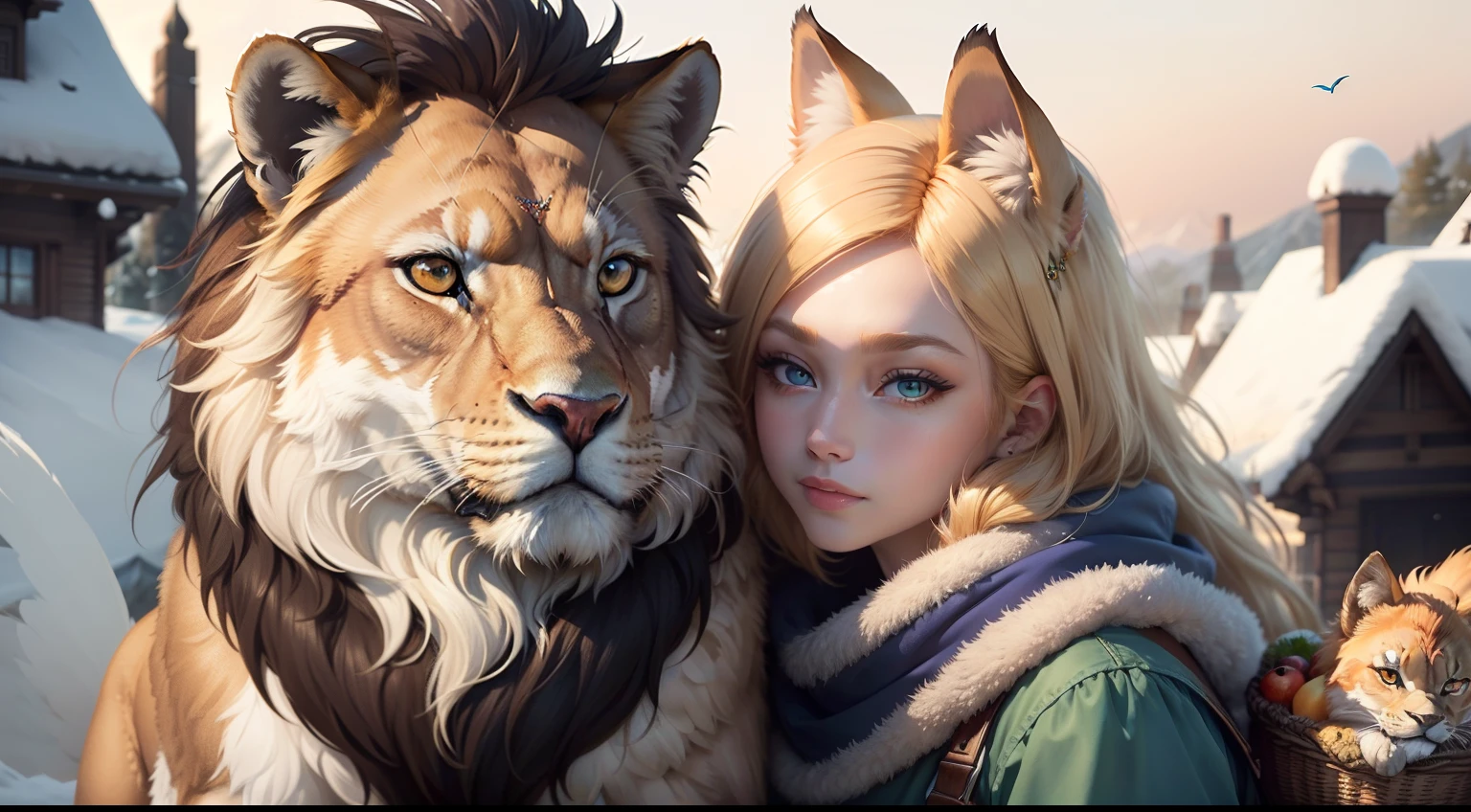Vera the Songbird with bright and colorful feathers, Leo the majestic lion with a mane of golden flames, Ana the fox with golden fur carrying a basket of fruits, Max a Snow Wolf with white fur and blue eyes. Together on a hilltop, clear focus, (large eyes) (disorder - house: 0.8), (masterpiece: 1.2) (Realistic: 1.2) (Bokeh) (Best quality) (Detailed skin: 1.3) (Intricate details) (8K) (Detail eyes) (Sharp focus), (Happy) (draw) (drawing) — NOW 16:9 —