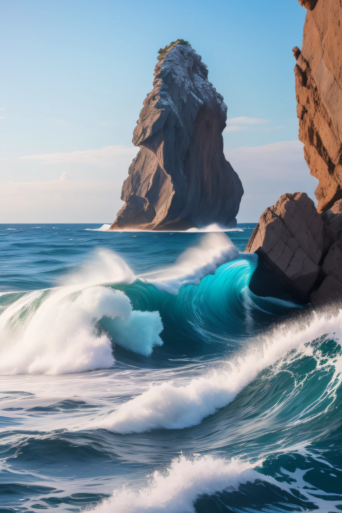 unshakable rock before the tumultuous waves of the sea, ultrarealistica,ultrarealistic, ultra realistic