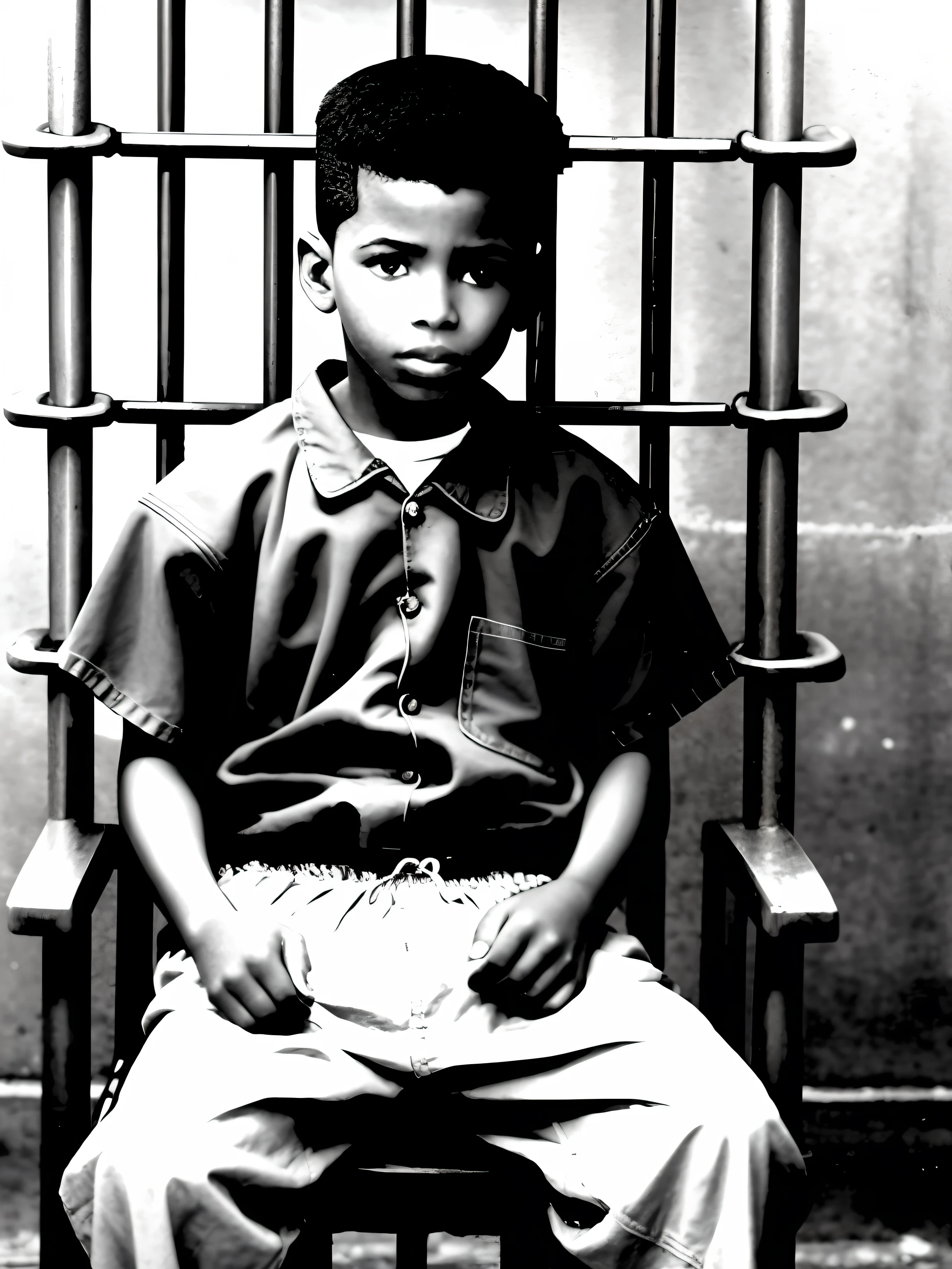 (Black boy in prison clothes:1.2), (sitting in the electric chair:1.1), semblante triste