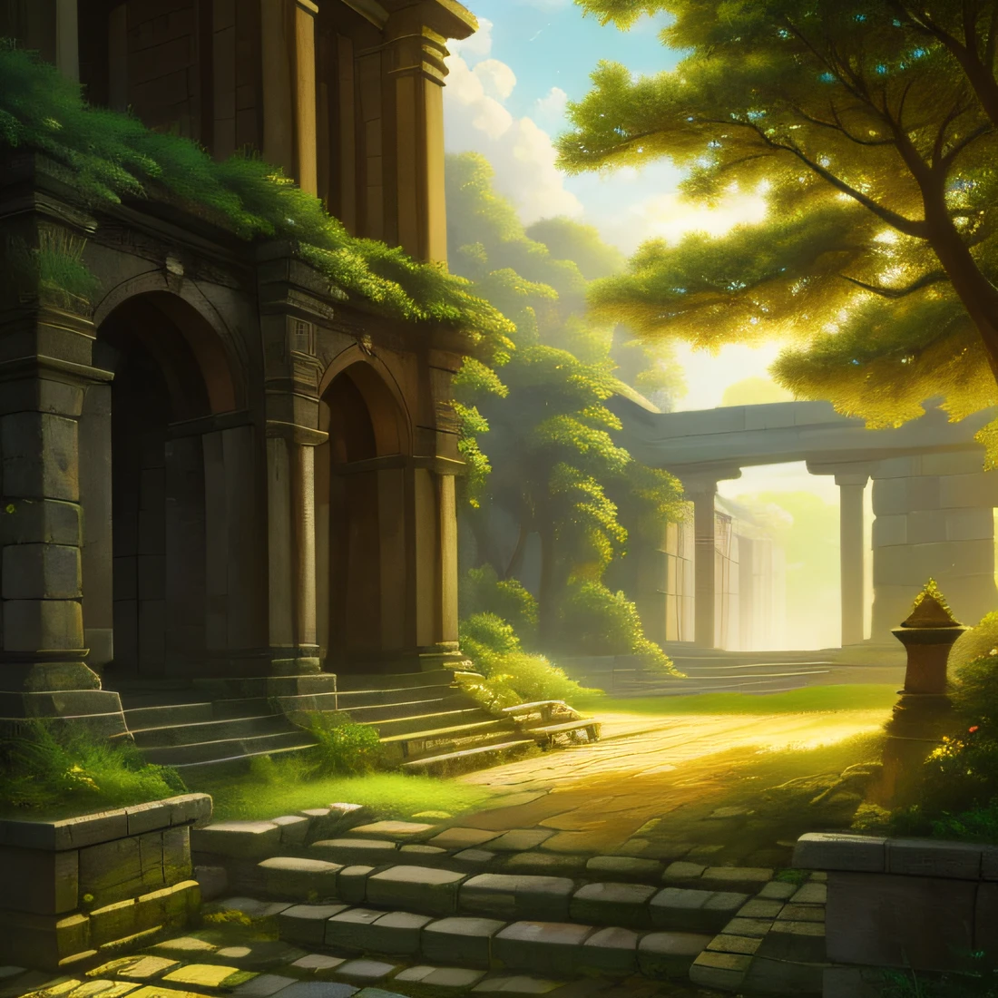 ancient city, vegetation, hope, gentle light shines through, dawn, anime style, oil painting, high definition, lots of details, balanced colors