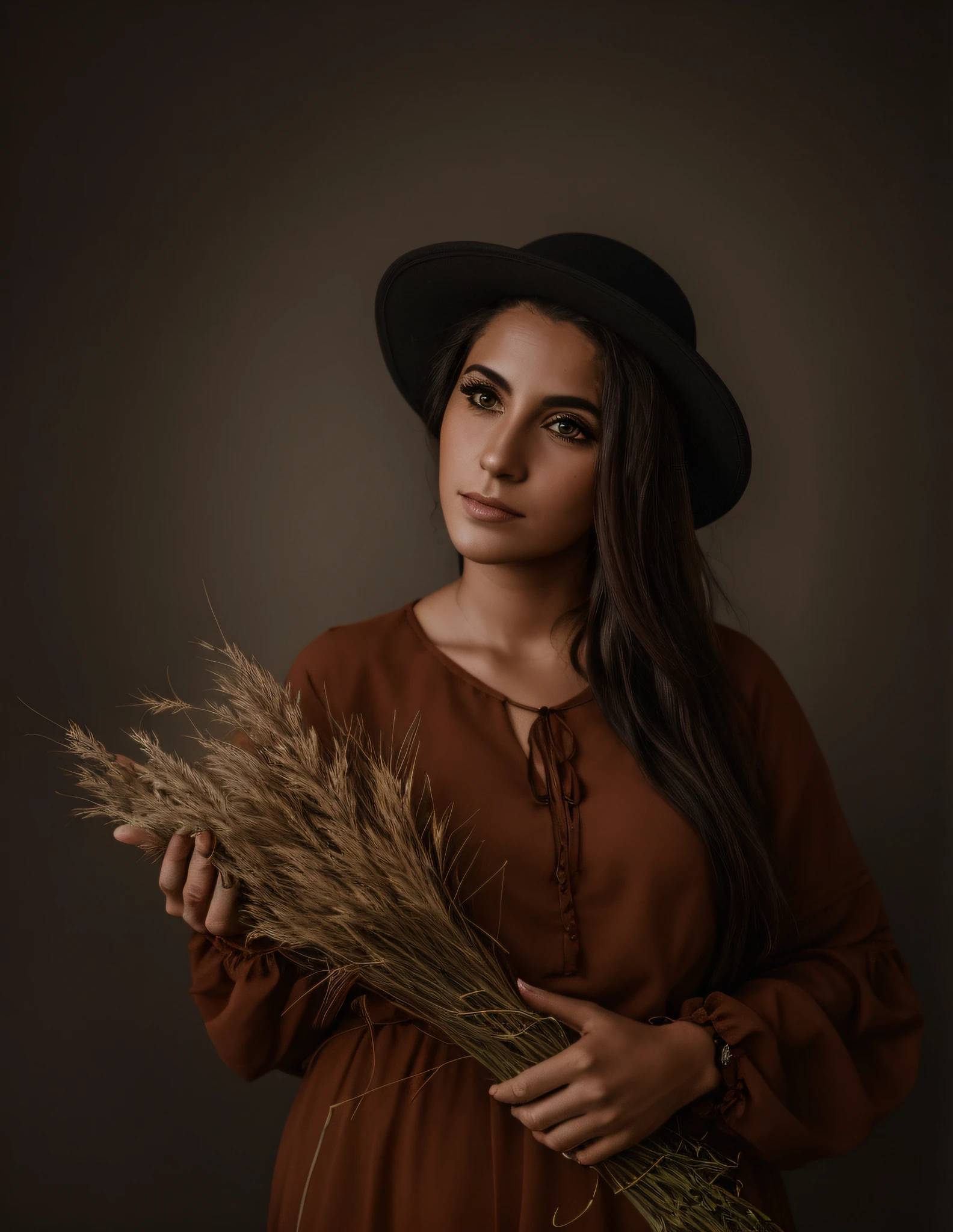 Arafed woman in a brown dress and black hat holding a mound of dry grass, fotografia de retrato fine art, retrato editorial, retrato da fotografia, photoshoot retrato de alta qualidade, retrato photoshoot, studio photography portrait, dramatic portraiture of namenlos, dramatic portrait, retrato de moda, retrato de alta qualidade, studio photographic portrait, retrato da fotografia da moda, studio potrait, studio portrait photography