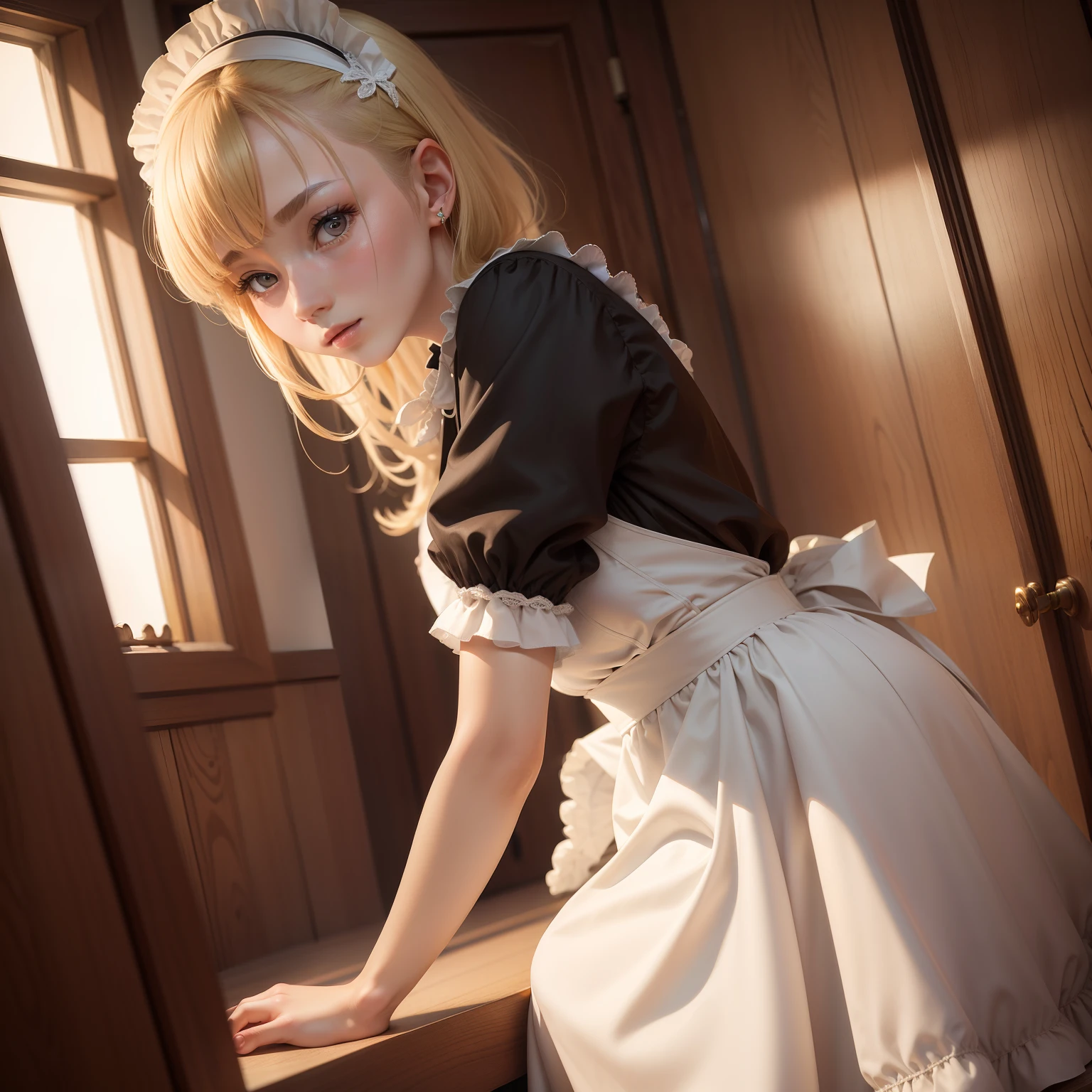 Czech woman、20yr old、Human skin feel、Realistic Woman、Maids、maid clothes、Maid Cafe、Solo Shot、short-cut、a blond、