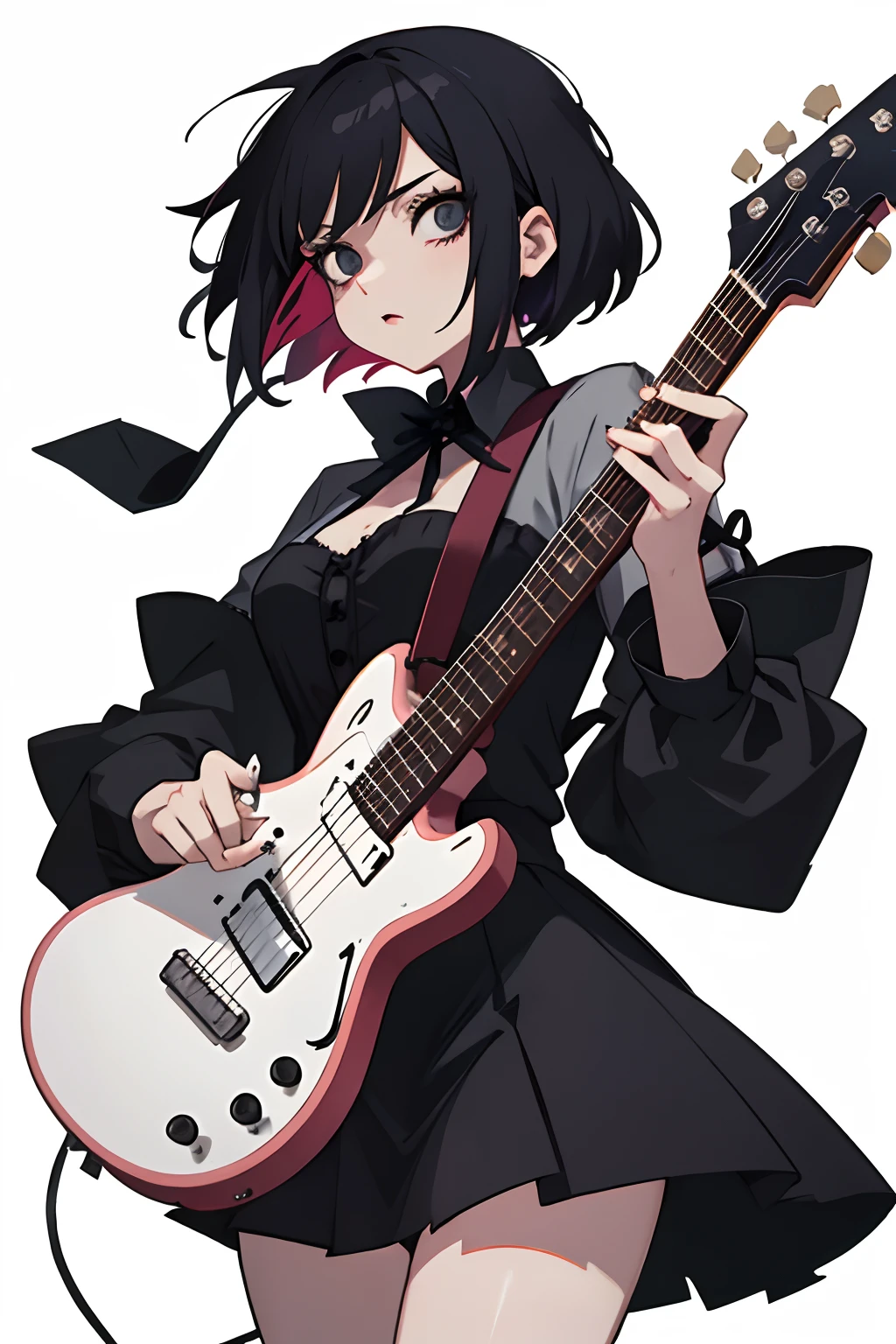Personagem estilo anime feminina de cabelos pretos presos, tocando guitarra, with a kind of bad girl gothic look on a white background