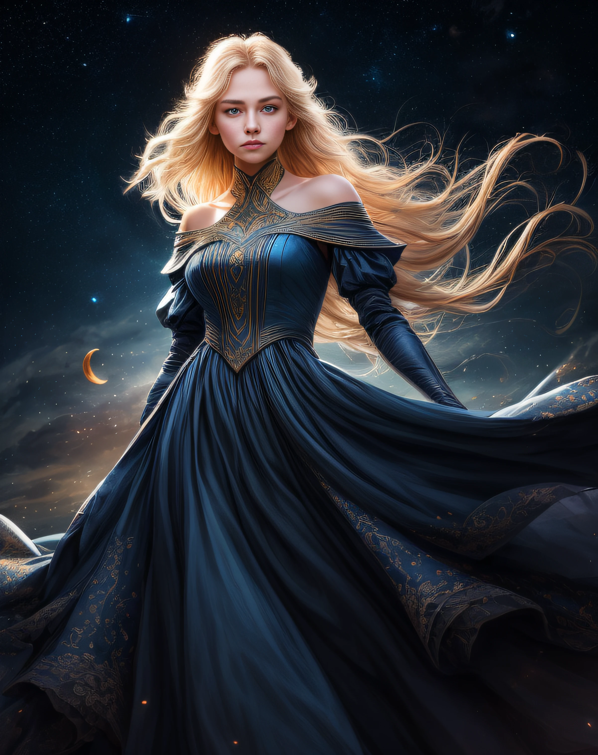 (best quality, masterpiece), young woman, pose, particle, wind, flower, upper body, night eclipse background, looking at viewer, long straight windblown blonde hair, detailded blue eyes, medieval princess blue dress, galaxy, backlit, rimlight, beautiful artwork, perfect composition