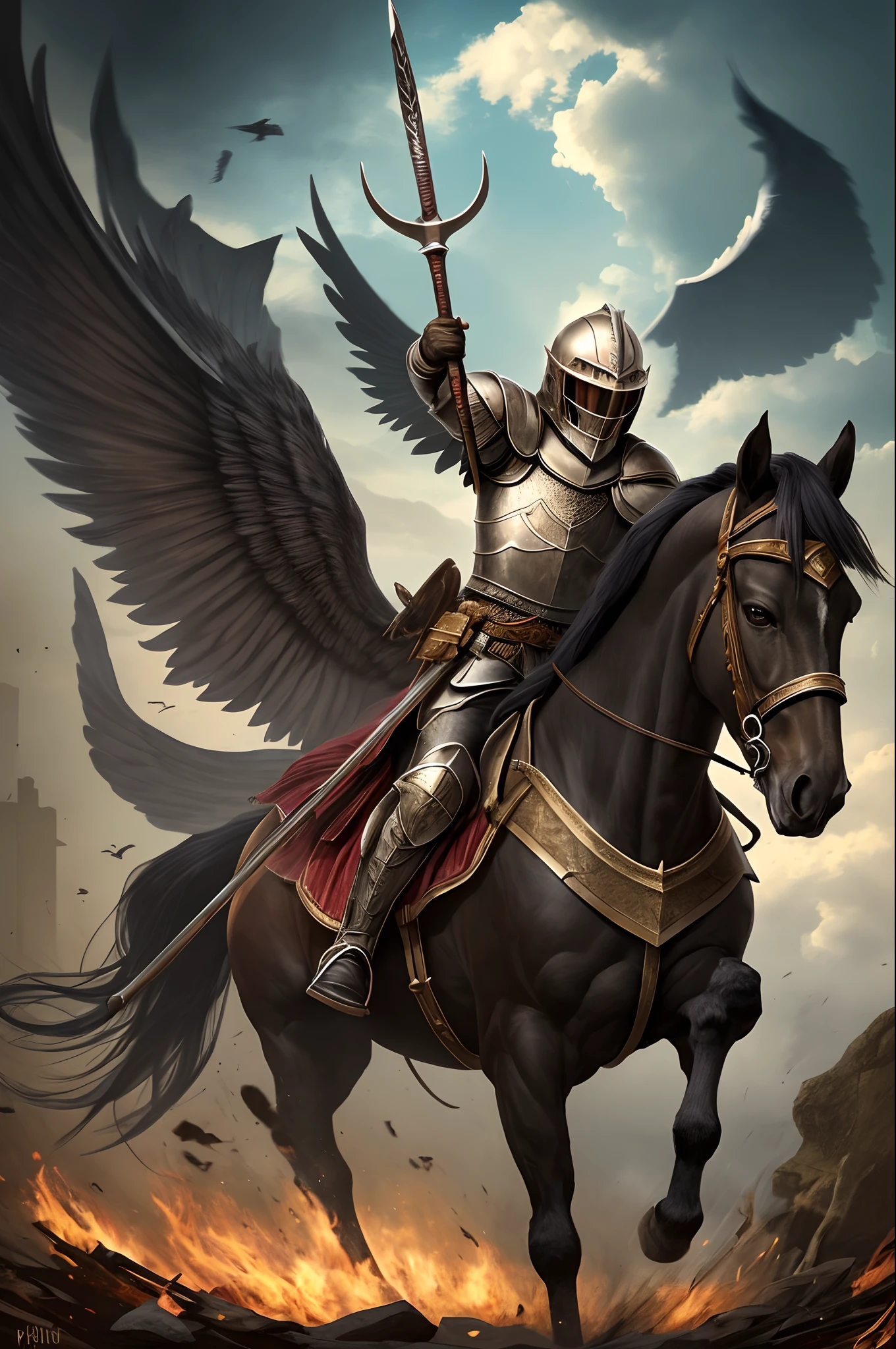A luxurious black purebred horse with two wings and a knight wearing a helmet with a spear beside him ,8k --auto --s2