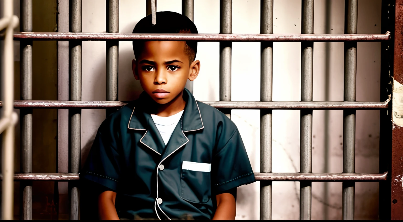 (Black boy in prison clothes:1.2), (sitting in the electric chair:1.1), semblante triste