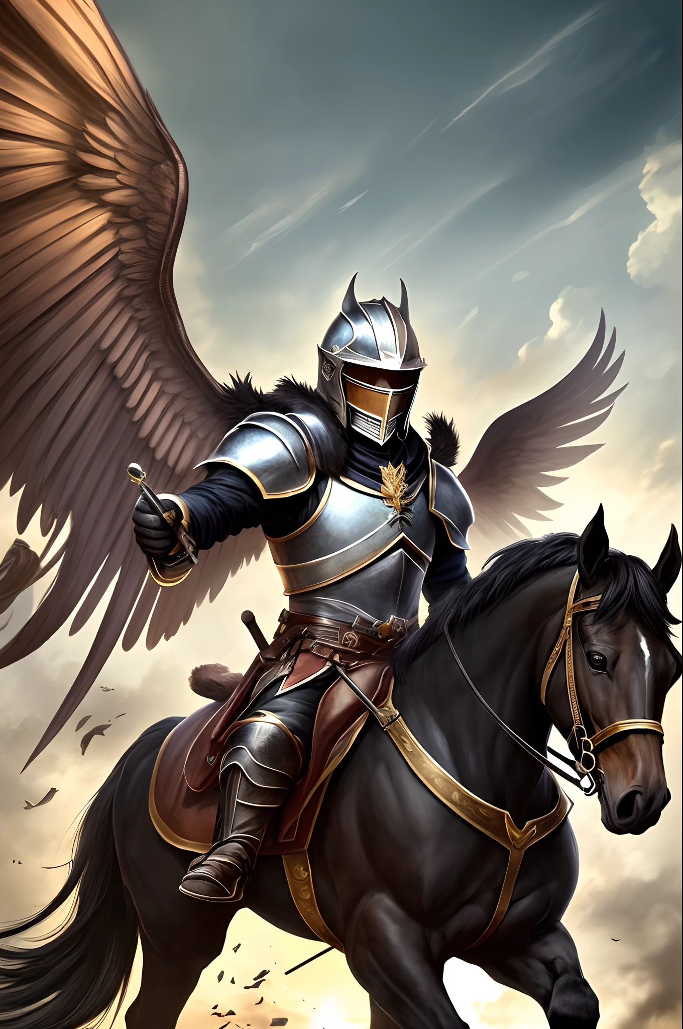 A luxurious black purebred horse with two wings and a knight wearing a helmet with a spear beside him ,8k --auto --s2