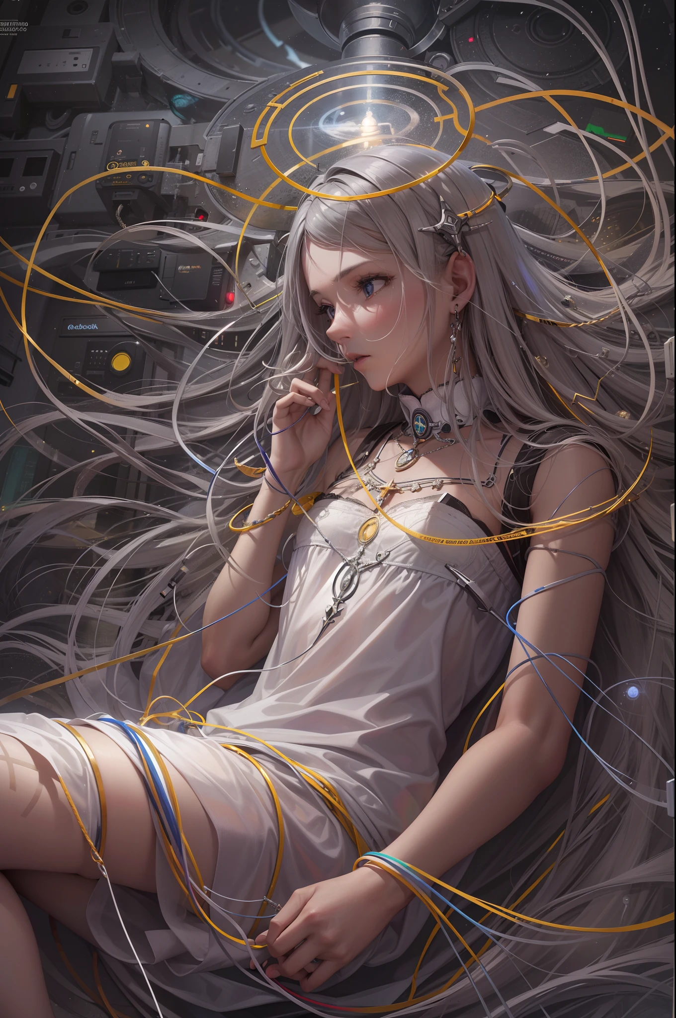 imagen intrincada llena de detalles, ser omnipotente, mujer levitando, ser divino, halo con luz enceguecedora, Made a cyborg, saliendo de ella cables por los pies, In his communion with the divine and his hair thousands of cables connected to the world wide web, Technological mix and divinity, a en perfecta coexistencia