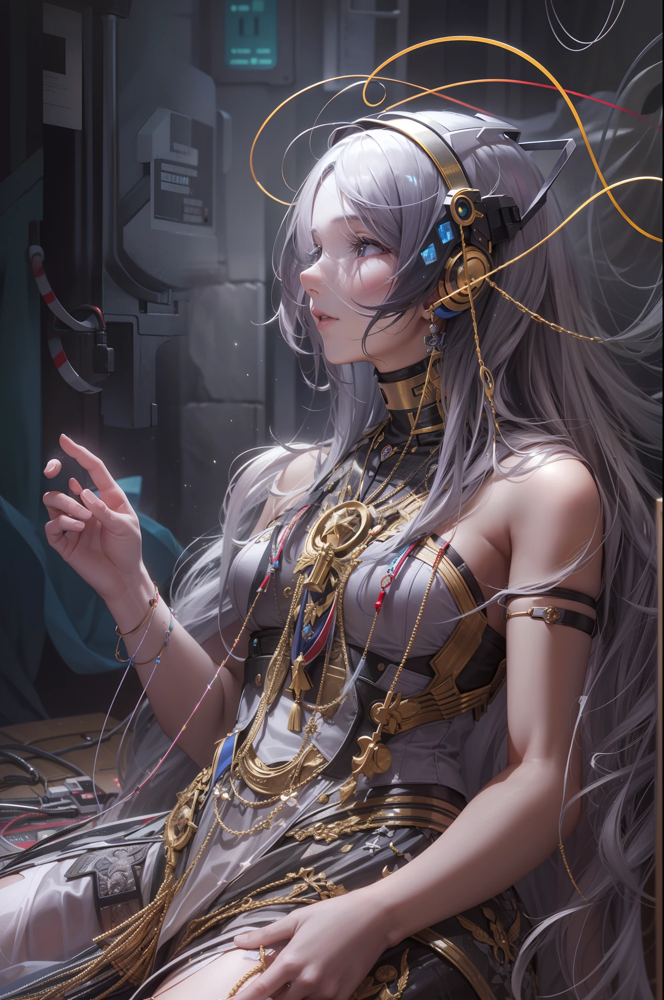 imagen intrincada llena de detalles, ser omnipotente, mujer levitando, ser divino, halo con luz enceguecedora, Made a cyborg, saliendo de ella cables por los pies, In his communion with the divine and his hair thousands of cables connected to the world wide web, Technological mix and divinity, a en perfecta coexistencia
