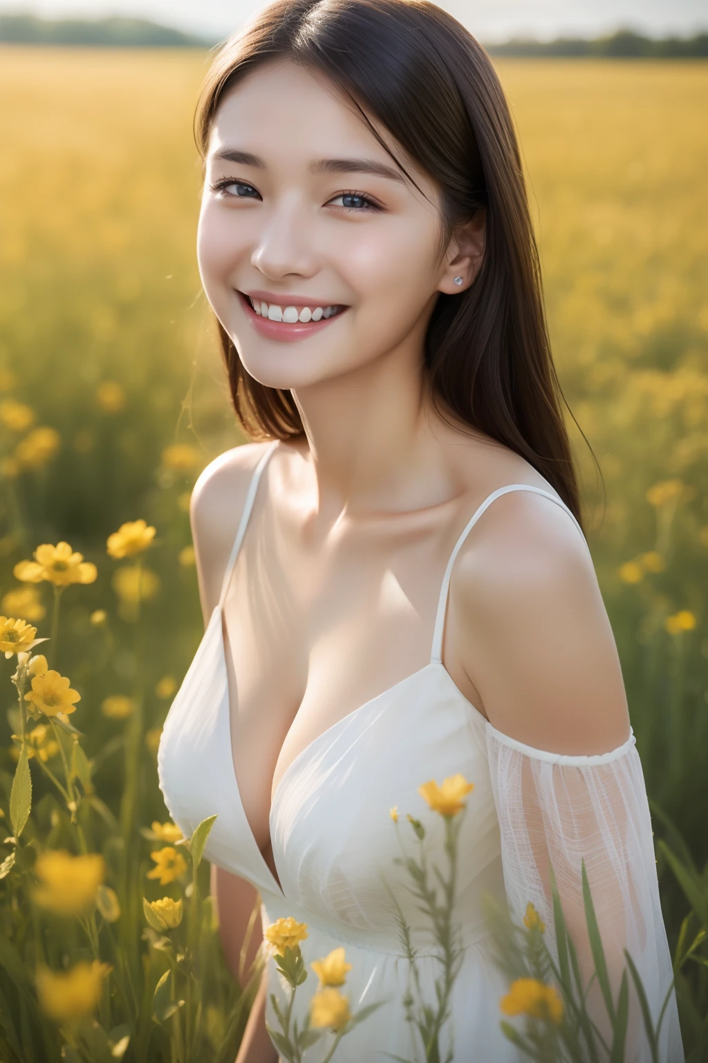 cleavage,Best quality, masterpiece, ultra high res, (photorealistic:1.4), raw photo, 1girl, white dress, off shoulder, blue flower field, glowing skin, light smile