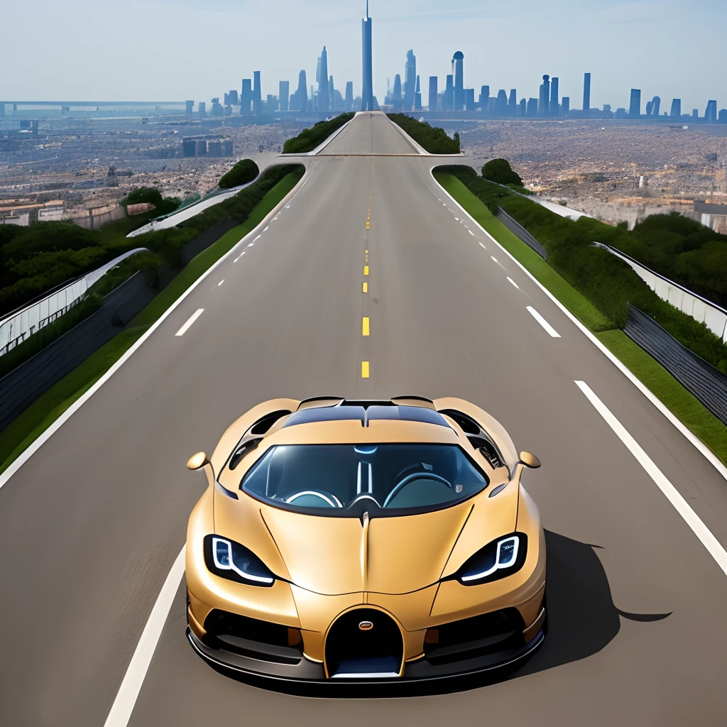 A Bugatti car In a city of grandeur and innovation, where skyscrapers touch the heavens and technology intertwines with artistry, a mesmerizing sight unfolds on the bustling highway. A futuristic golden Koenigsegg car, a masterpiece of engineering and design, navigates the urban landscape with an air of regal grace.