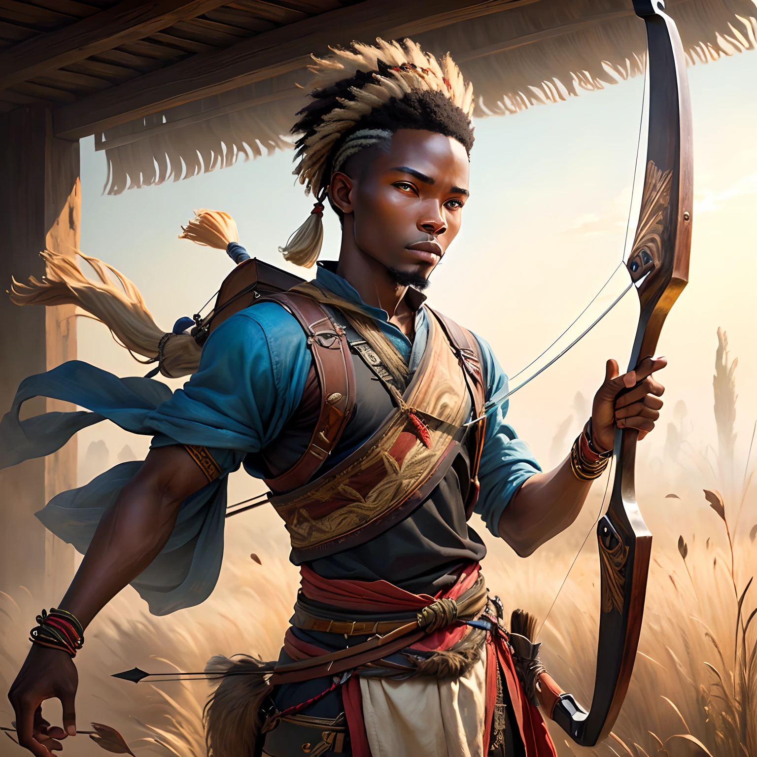 African hunter with bow and arrow