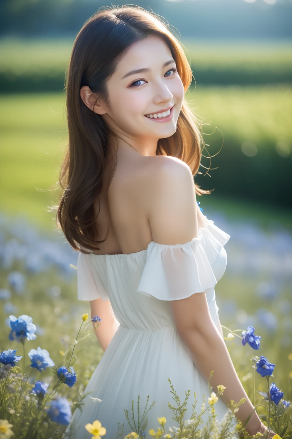 cleavage，Best quality, masterpiece, ultra high res, (photorealistic:1.4), raw photo, 1girl, white dress, off shoulder, blue flower field, glowing skin, light smile