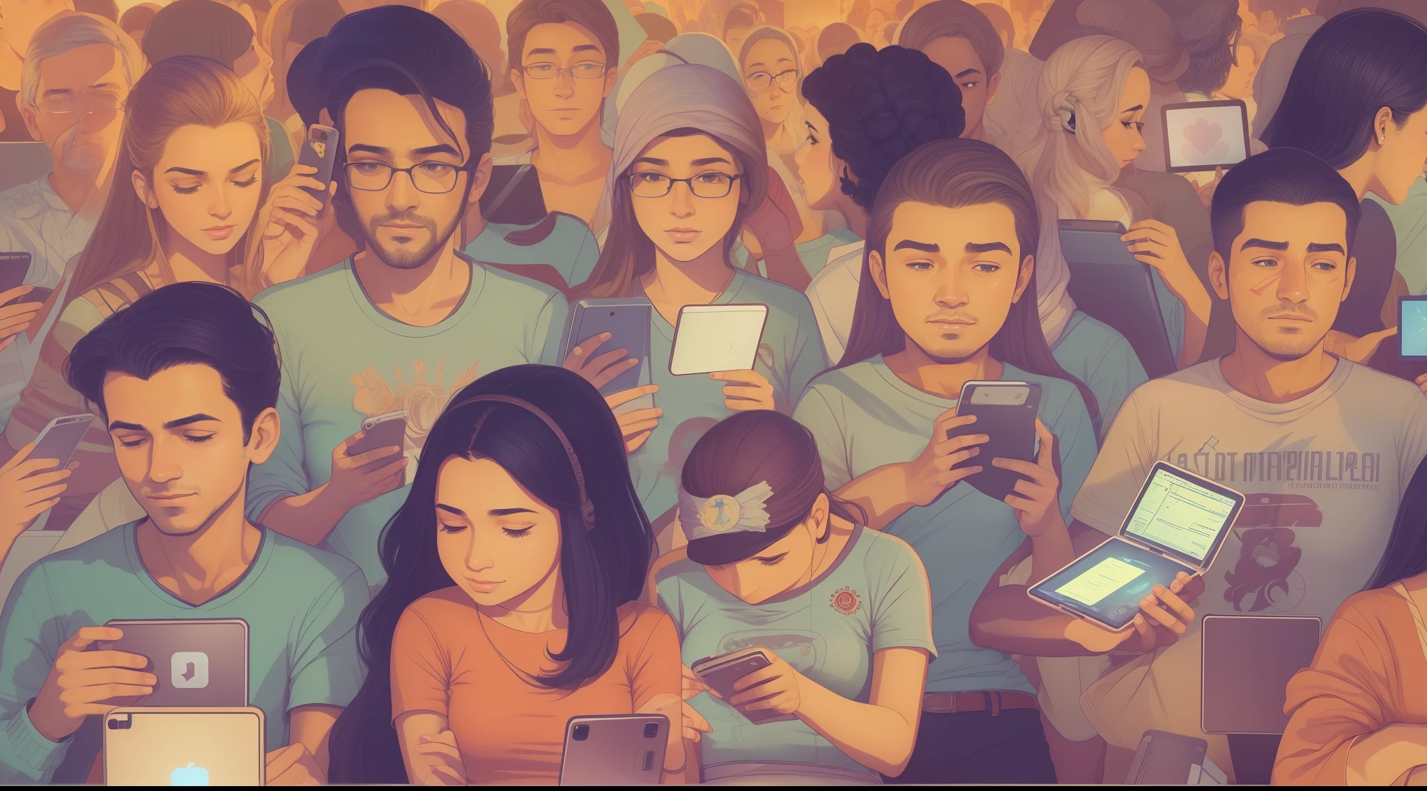 (melhor qualidade: 1.4), Uma pessoa desesperada, Surrounded by mobile devices (Laptops, Telefones, tablets), being harassed by various notifications on social media that magically throw arms and hands off screens to get attention and try to turn the person's face. A imagem deve refletir a "war for attention" das redes sociais e jogos.