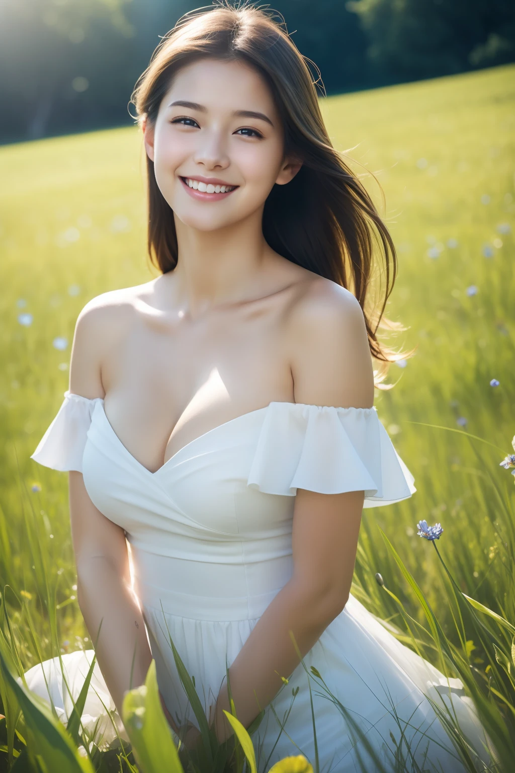 cleavage，Best quality, masterpiece, ultra high res, (photorealistic:1.4), raw photo, 1girl, white dress, off shoulder, blue flower field, glowing skin, light smile