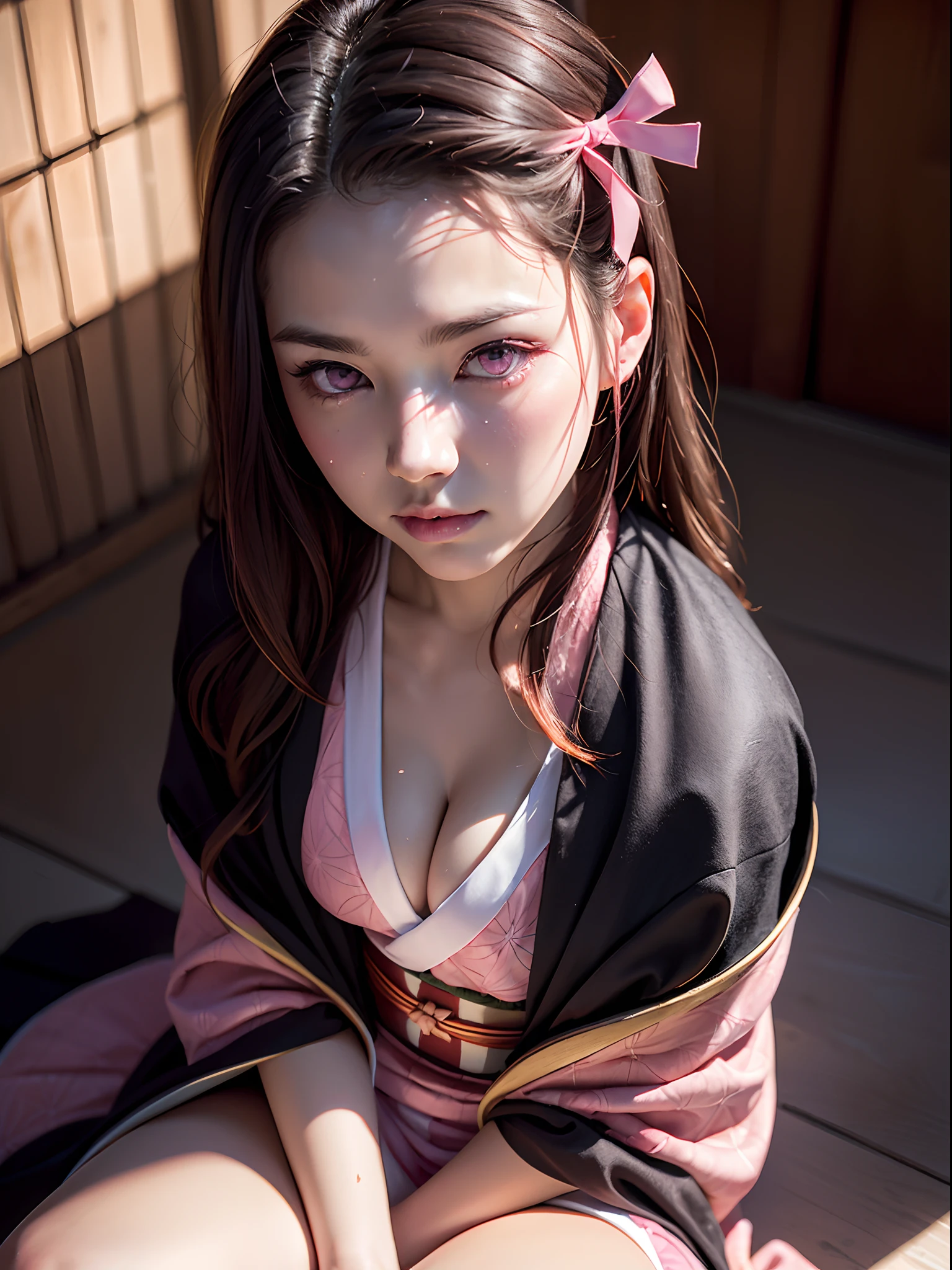 (masterpiece, best quality:1.4), (full body:1.5), (sitting:1.5), 1girl, solo, (european youth:1), , kamado nezuko, 1girl, bamboo, bit gag, brown hair, (checkered sash:1), gag, gagged, gradient hair, hair ribbon, (pink haori), japanese clothes, (black kimono:1.2), long hair, looking at viewer, multicolored hair, orange hair, (pink eyes:1.4), pink kimono, pink ribbon, ribbon, solo, beautiful face, highly detailed face, highly detailed skin, highly detailed eyes, skin pores, subsurface scattering, realistic pupils, medium breast, full face blush, full lips, detailed background, depth of field, volumetric lighting, sharp focus, absurdres, realistic proportions, good anatomy, (realistic, hyperrealistic:1.4), 16k hdr,