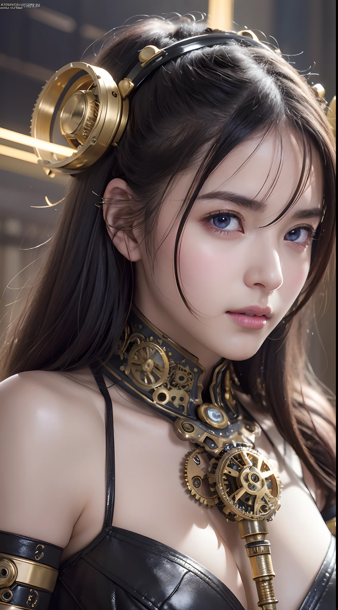 Top Quality, Masterpiece, Ultra High Resolution, (Photorealistic: 1.4), Raw Photo, 1 Girl, Black Hair, Glossy Skin, 1 Mechanical Girl, (Ultra Realistic Details)), Portrait, Global Illumination, Shadows, Octane Rendering, 8K, Ultra Sharp, Big, Cleavage Exposed Raw Skin, Metal, Detail of Intricate Ornaments, steampunk details, analog meters, gears, gears, golden hydraulic cylinders, very intricate details, realistic light, CGSoation trends, purple eyes, glowing eyes, facing the camera, neon details, mechanical limbs, blood vessels connected to tubes, mechanical vertebrae attached to the back, mechanical cervical attachment to the neck, sitting, wires and cables connecting to the head, Gundam, small LED lamps,