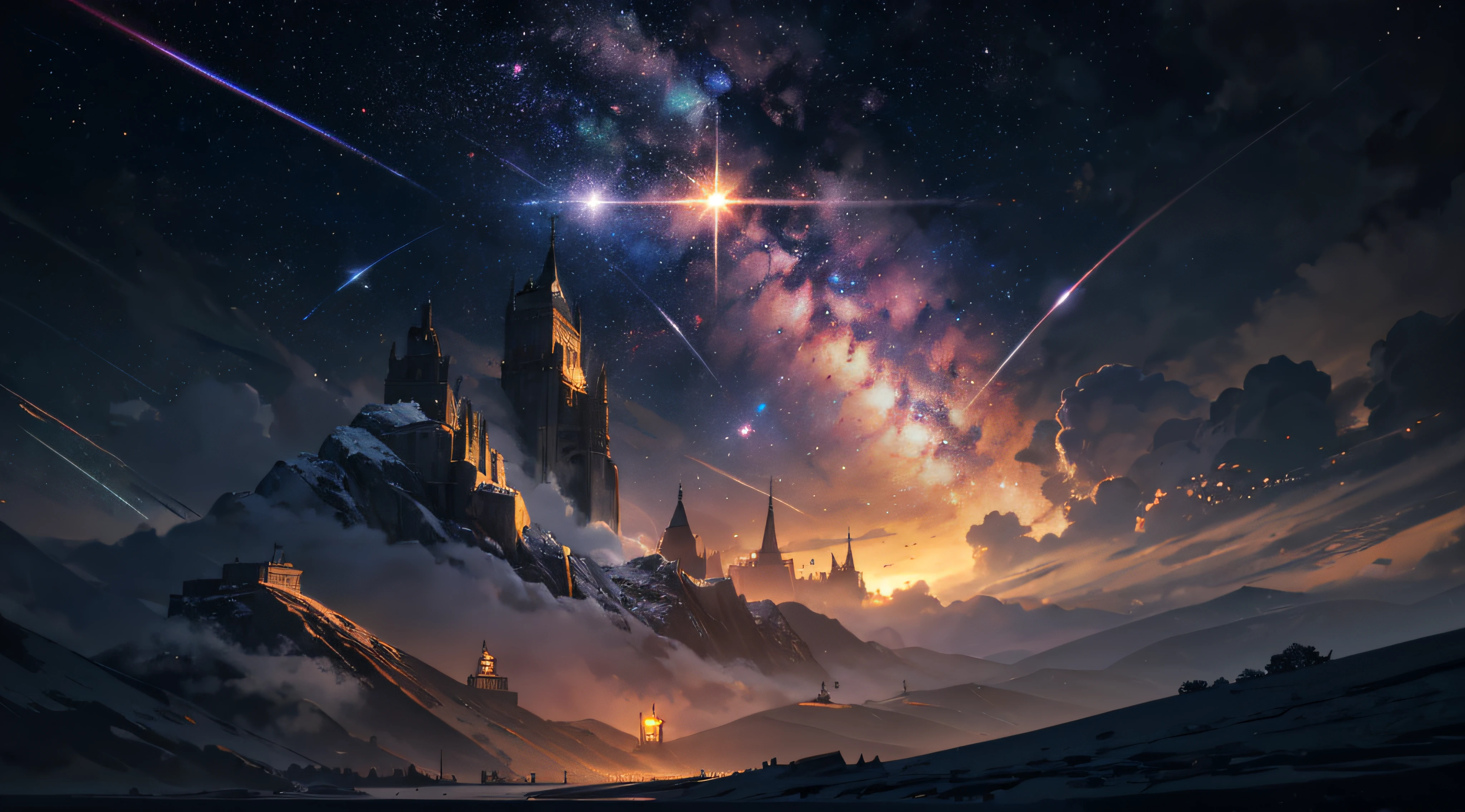 Expansive landscape photograph,(moon full:1.2),(meteors:0.9),(Starcloud:1.3),(Warm light source:1.2),(glowworm:1.2),lamp lights,Lots of purple and orange,Complicated details,Volumetriclighting,Realism BREAK(tmasterpiece:1.2),(best qualtiy),8K,Ultra-detailed,(dynamic compositions:1.4),The is very detailed,Colorful details,(Irridescent color:1.2),(luminouslighting,Atmospheric lighting),dream magical,magical,(独奏:1.2),((best qualtiy)), ((tmasterpiece)), (the detail:1.4),depth of fields,maximum definition and sharpness,perfectly proportions,Fluttering clouds,Wallpapers