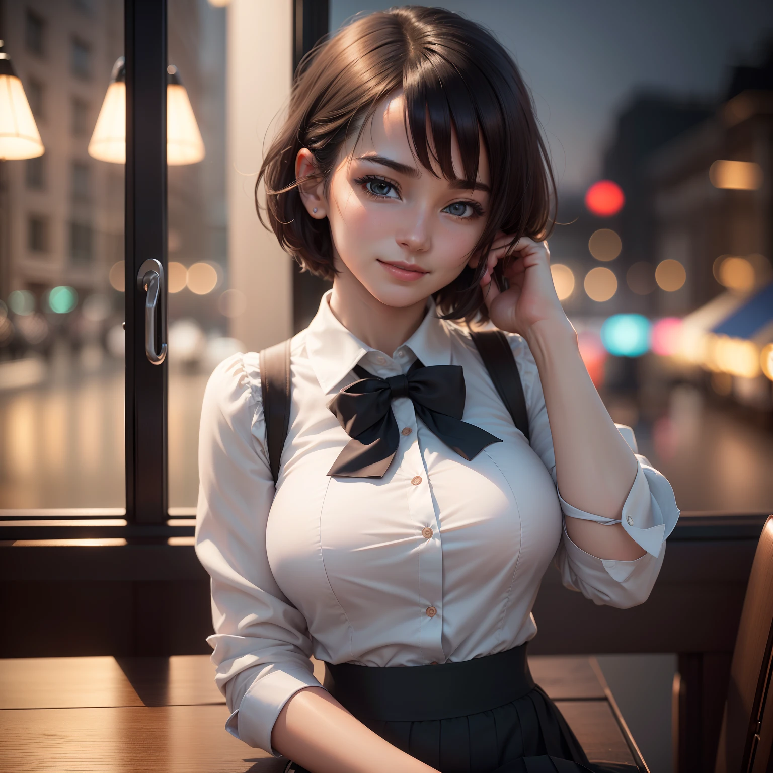 (8k, RAW photo, best quality, masterpiece:1.2), (realistic, photo-realistic:1.37), ultra-detailed,
1 girl,cute, solo,beautiful detailed sky,detailed cafe,night,sitting,dating,(nose blush),(smile:1.1),(closed mouth),large breasts, seductive smile, large aparture, professional lighting, Sony A7R4, Zessie 50mm F1.8,
medium breasts,beautiful detailed eyes,(collared shirt:1.1), bowtie,pleated skirt,(short hair:1.2),floating hair