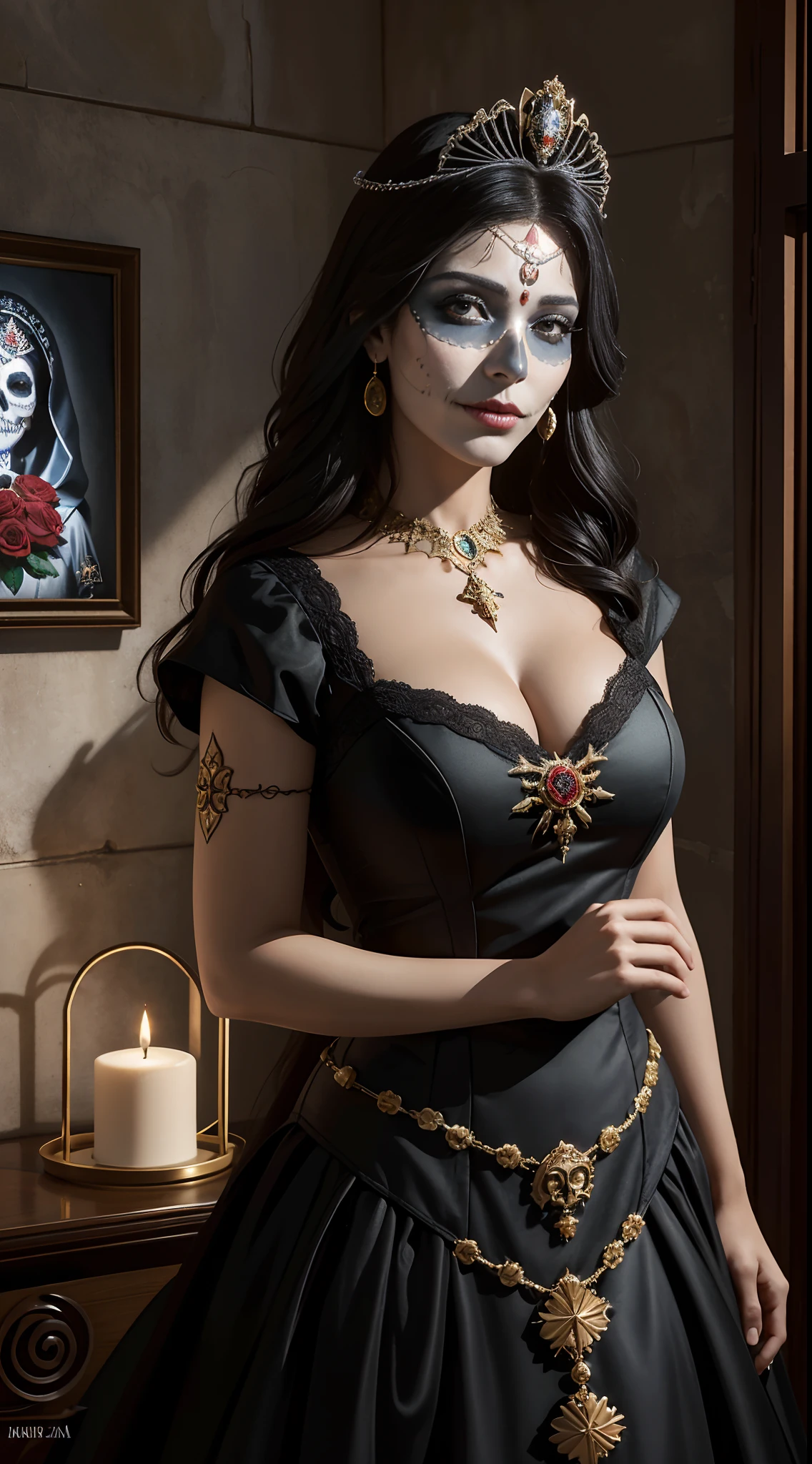 ((corpo inteiro)), (obra-prima, melhor qualidade, realista: 1.37), (intrincado e delicado, pele e rosto altamente detalhados), (fundo preto), (CatrinaMakeUp), ((colorido)), 1 girl, Beautiful Queen in Suite Black Dress, envolvendo em luxuosos vestes escuras com capuz, Dark roses and skull adorn her cloth, (a large golden halo over his head), (tiara de rosas de metal negro), olhos azuis, (simbolismo religioso), (inspirado em Santa Maria, Rainha das Caveiras, La Catrina, e Rainha dos Mortos, Lavi Zupa), ((virgem maria, rainha esqueleto de santo, La Catrina)), ( Foto realismo), fundo escuro, cinematic soft lighting, alto contraste, tema escuro, papel de parede GC 8k, octane render, unreal engine, arte digital.