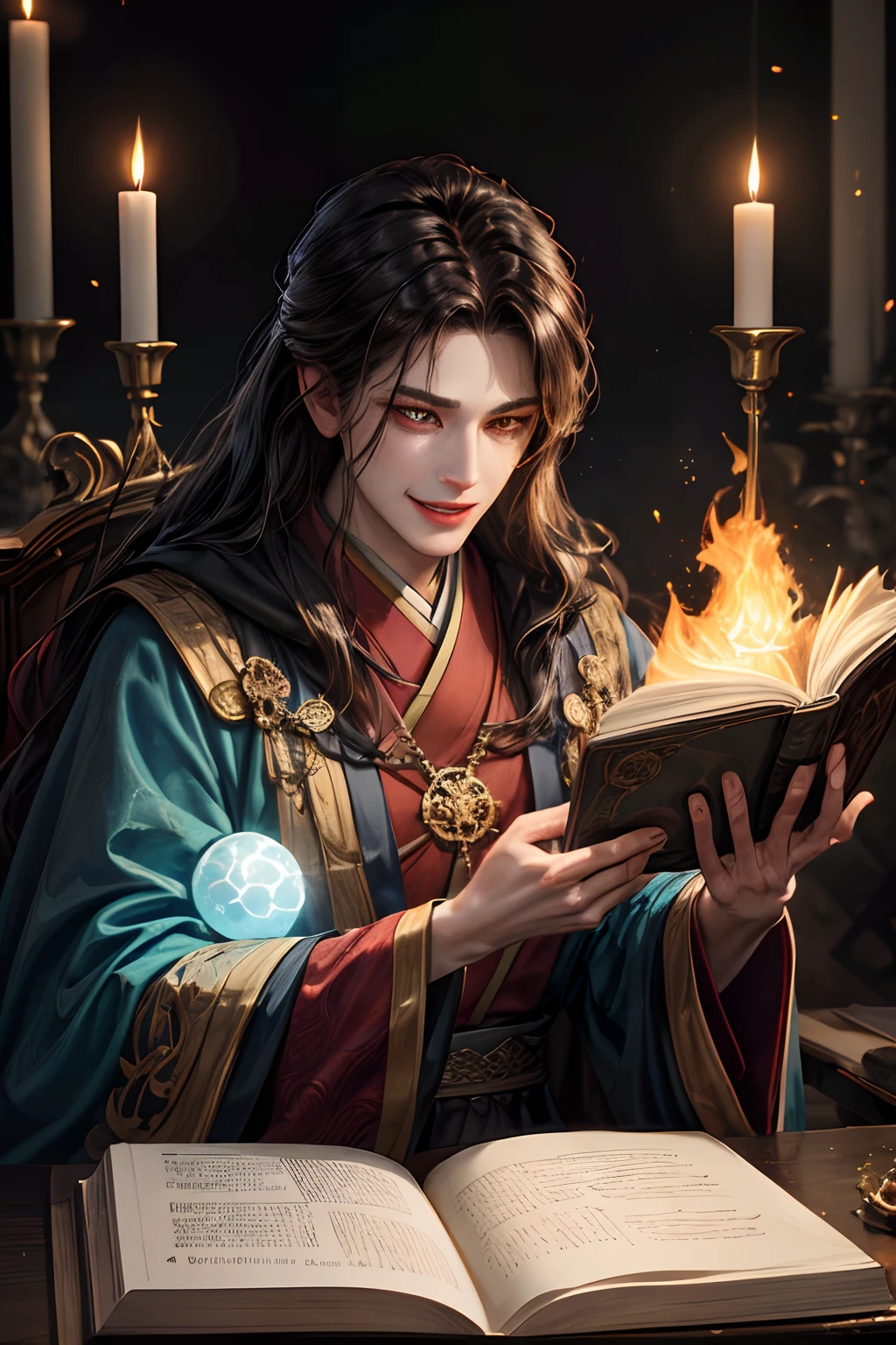 (absurderes,intricately details,tmasterpiece,best qualtiy,A high resolution,8K),1 female,emaciated,mature,senility,Wrinkles,finely detailed eyes and face,Maroon French shear,Ruby eyes,(style-swirlmagic:0.8),sportrait,looking at viewert,独奏,The upper part of the body,detailedbackground,详细的脸,(V0id3nergy,void theme:1.1)evil sorcerer,Tattered colored magic robes,(grin:0.8),Purple color scheme,Deep scarlet light,Glowing magic runes,evil book,dark ambiance,shadowing,realistic illumination,particles floating,ember,surrounded with fire,summoning,(thick melting candles:0.8),blue arcane symbols,corrupted by eldritch power,Eyes hungry for strength,cogpunkai,cogpunk,depth of fields,vfx。in the background, (A huge gossip furnace is bubbling fairy qi:1.5)