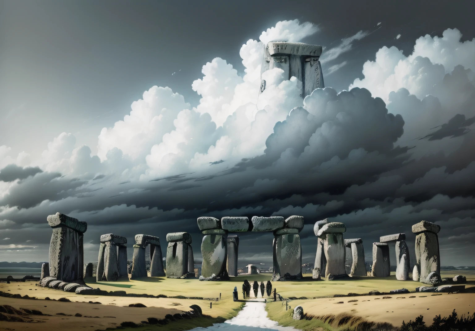 Landscape, Stonehenge, cinza, clouded skies, neve