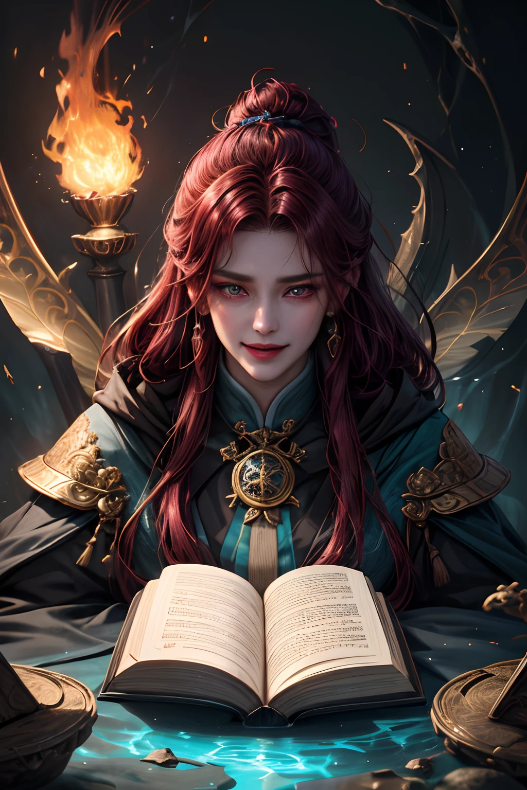 （absurderes，intricately details，tmasterpiece，best qualtiy，A high resolution，8K），1 female，emaciated，mature，senility，Wrinkles，finely detailed eyes and face，Maroon French shear，Ruby eyes，（style-swirlmagic：0.8），sportrait，looking at viewert，独奏，The upper part of the body，detailedbackground，详细的脸，（V0id3nergy，void theme：1.1）evil sorcerer，Tattered colored magic robes，（grin：0.8），Purple color scheme，Deep scarlet light，Glowing magic runes，evil book，dark ambiance，shadowing，realistic illumination，particles floating，ember，surrounded with fire，summoning，（thick melting candles：0.8），blue arcane symbols，corrupted by eldritch power，Eyes hungry for strength，cogpunkai，cogpunk，depth of fields，vfx。in the background, （A huge gossip furnace is bubbling fairy qi：1.5）