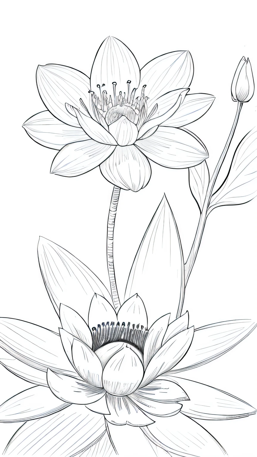 Blossoming Serenity flower, many flower, line drawing background, white background, monochrome, line drawing, ((sketch))