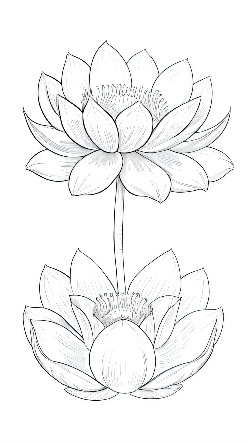 Blossoming Serenity flower, many flower,  line drawing background, white background, monochrome, line drawing, ((sketch))