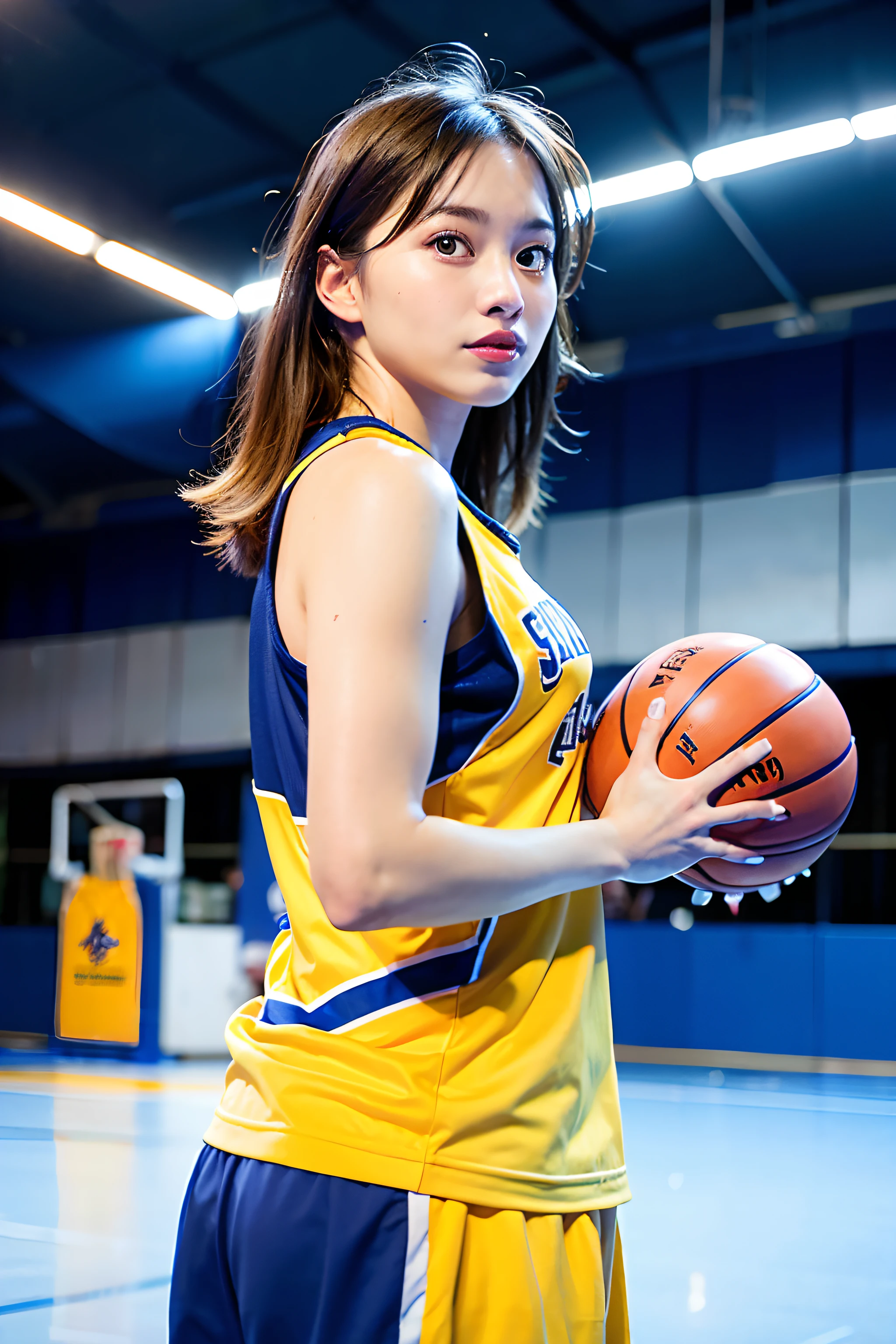 Woman playing basketball (wearing basket_uniform: 1.3), blue and yellow uniform,
Good hands, 4K, high resolution, masterpiece, top quality, head: 1.3, (((Hasselblad photo)), fine skin, sharp focus, (cinematic lighting), night, soft lighting, dynamic angle, [:( detail face: 1.2):0.2],((((inside_basketball_field)))),