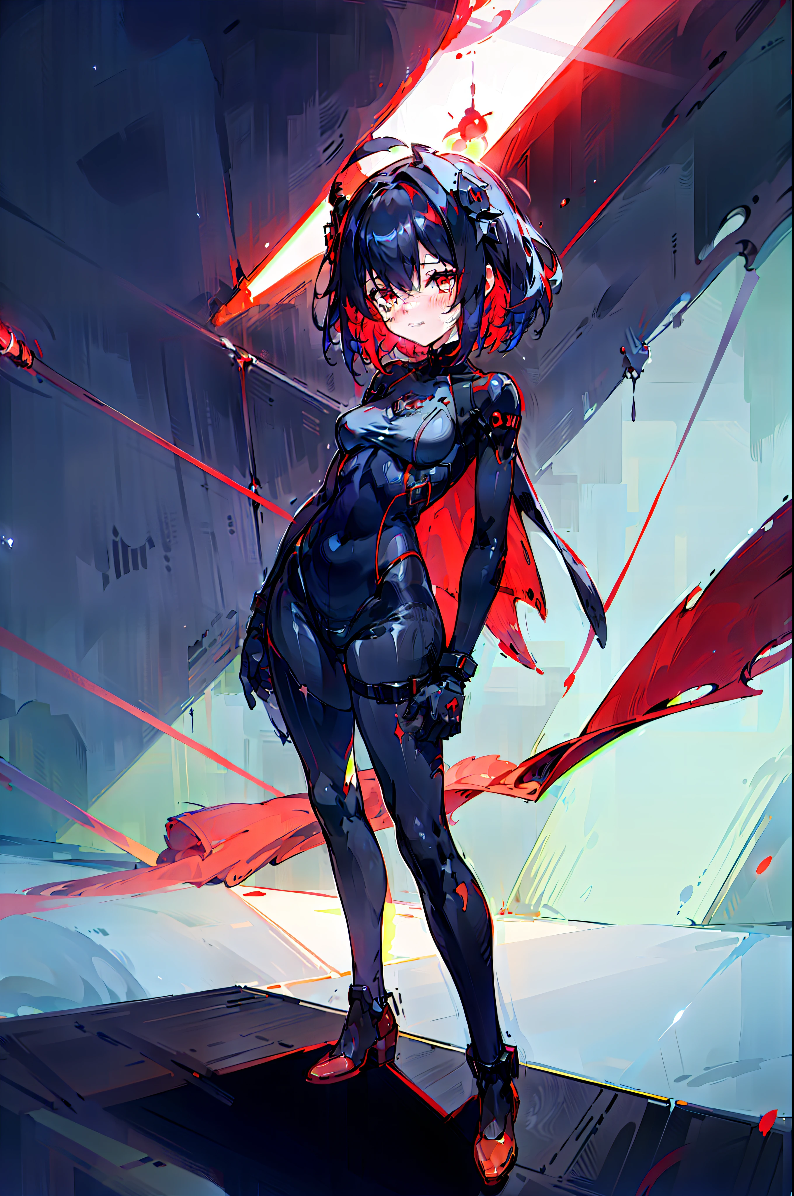 wince, long eyelasher, solid circle eyes, Light smile, Ear blush, devil pupils, Red eyes, Tears, Empty eyes, Dark blue hair, hair between eye, Short hair, huge ahoge, Mad eyes, bandage on, bandage over one eye, Smile, Sad, Crying, ripped apart, expressionless eyes, surrealism, shadowing, anaglyph, stereograms, tachi-e, angle of view, Atmospheric perspective, Chiaroscuro, Cinematic lighting, 8K, Super detail, ccurate, Best quality, hyper HD, retinas, Masterpiece, Textured skin, Award-Awarded, A high resolution, Best quality, Super detail, best qualtiy， 8K， digitial painting,1girll， 独奏， standing on your feet， hair adornments， Red eyes， ， blood stain， mechanicalparts， electrical wires， electric cables， Failure effect， terroral， sci-fy， A futuristic， background inside dark， neonlight， cyber punk perssonage， hyper realisitc， eerie， unnerving， spine-chilling， terroral， onesie，Red eyes，Venom possession，Blackened，long black gloves，Jumpsuits，Skinny one-piece latex clothing，Highlight her gorgeous figure,Wrap the whole body，symbiote，（（Raised sexy）），onesie，Red eyes，Venom possession，Blackened，long black gloves，Jumpsuits，Black latex clothing，Blood-red eyes，Best quality, high resolution, Ultra-detailed, Vivid texture, Mask, Skinny one-piece latex clothing, bangs,Purple hair，Wear socks，Tears，anklet，washes，Blackened，Wrapped in black slime,A sad expression,Say goodbye to the gaze，Red coat,long eyelasher, solid circle eyes, Light smile, Ear blush, Red eyes, Tears, Empty eyes, Dark blue hair,Red coat,bleed,,The legs were covered with bandages,The legs were covered with bandages,The whole body is covered with bandages,Anime girl in red cape
