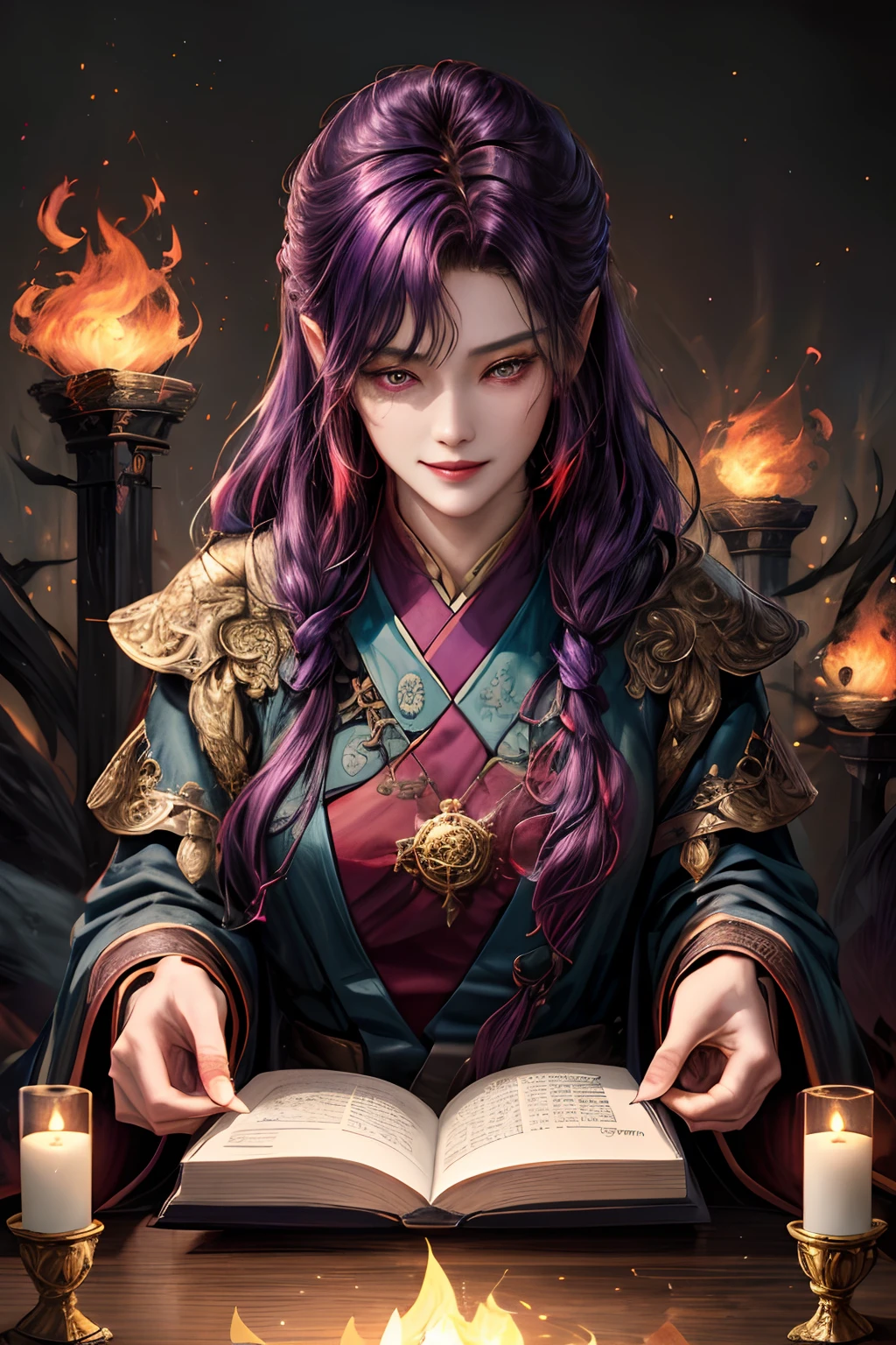 (absurderes,intricately details,tmasterpiece,best qualtiy,A high resolution,8K),1 female,emaciated,mature,senility,Wrinkles,finely detailed eyes and face,Maroon French shear,Ruby eyes,(style-swirlmagic:0.8),sportrait,looking at viewert,独奏,The upper part of the body,detailedbackground,详细的脸,(V0id3nergy,void theme:1.1)evil sorcerer,Tattered colored magic robes,(grin:0.8),Purple color scheme,Deep scarlet light,Glowing magic runes,evil book,dark ambiance,shadowing,realistic illumination,particles floating,ember,surrounded with fire,summoning,(thick melting candles:0.8),blue arcane symbols,corrupted by eldritch power,Eyes hungry for strength,cogpunkai,cogpunk,depth of fields,vfx。in the background, (A huge gossip furnace is bubbling fairy qi:1.5)