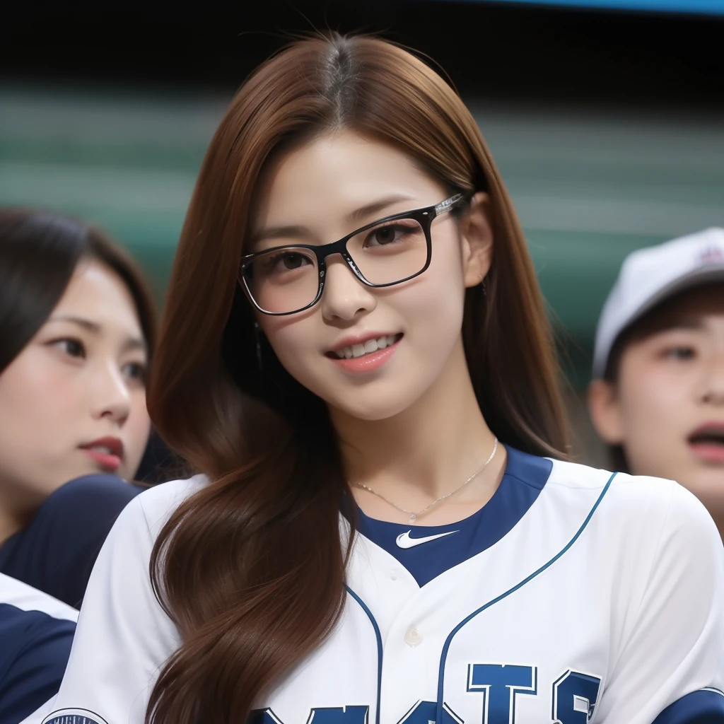 Koshien Stadium　Lots of cheerleaders　girl with　Close-up of the faces of the cheering seats　One person wearing glasses