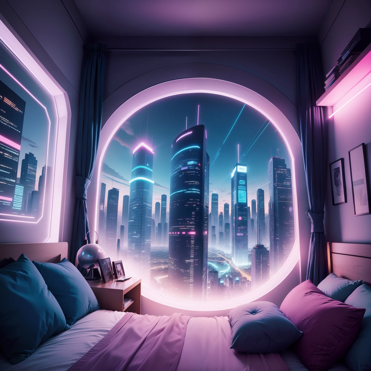 Quarto futurista,vista para uma cidade futurista, cama,neon,pixels